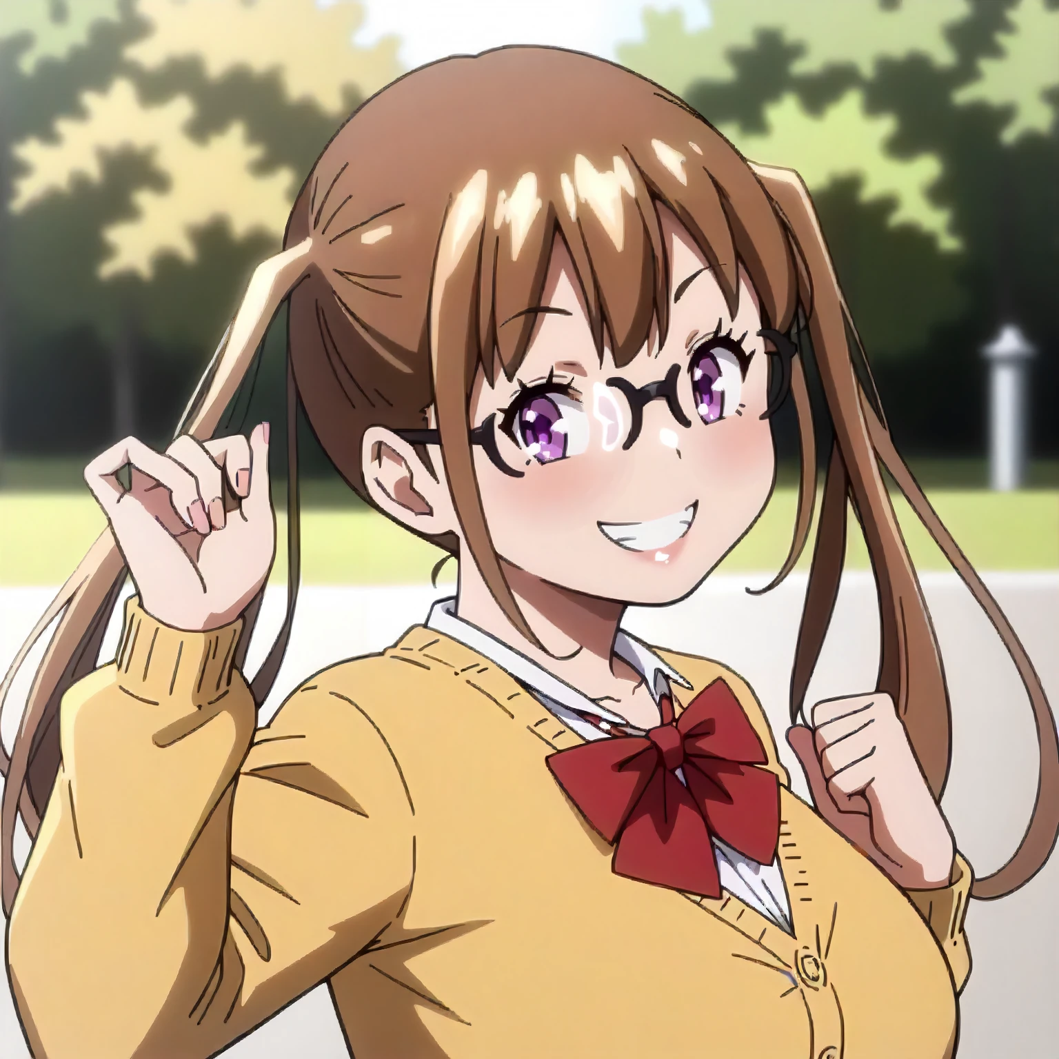 <lora:BnHgDR_MeguXLpony001>,
outdoors,
smile,
solo,
Megu,1girl,brown hair,twintails,purple eyes,black-framed eyewear,
large breasts,
yellow cardigan,red bow tie,