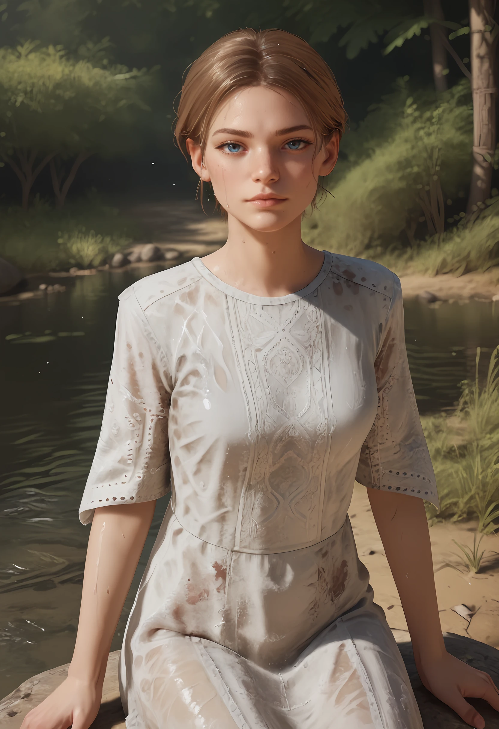 score_9, score_8_up, score_7_up, score_6_up, score_5_up, score_4_up, 1girl, <lora:SissyTCM:0.8> brown hair, blue eyes, short hair, dress, white dress, short sleeves, looking at viewer, in water, wet clothes, sitting on a rock,
forest background,