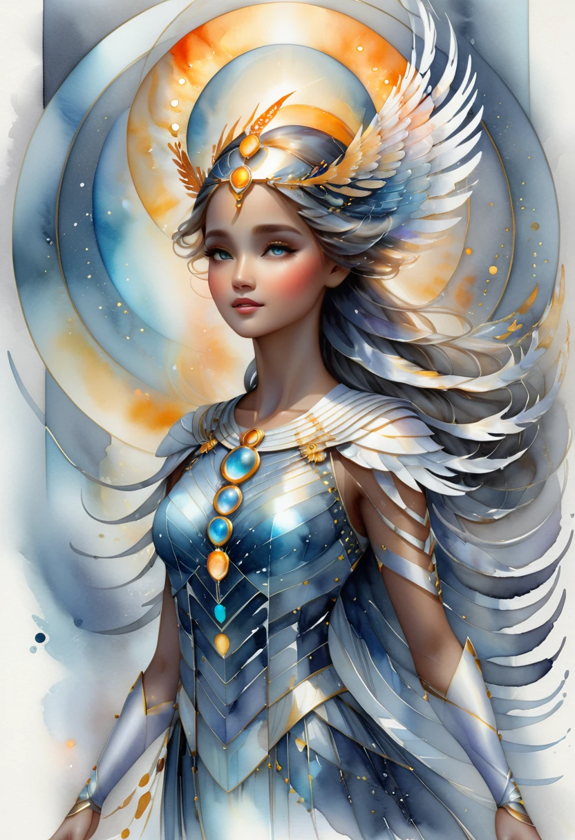 race character concept print, female, Aasimar, glowing aura, celestial, radiant skin, angelic, noble, divine presence, watercolor, satin, expressionism style, Gradient Lighting, shades of gray, fishbone pattern, dot matrix effect, mirror accents accents, balanced, flat texture, transparent finish  <lora:artfully_CHARECHELIER:1>,