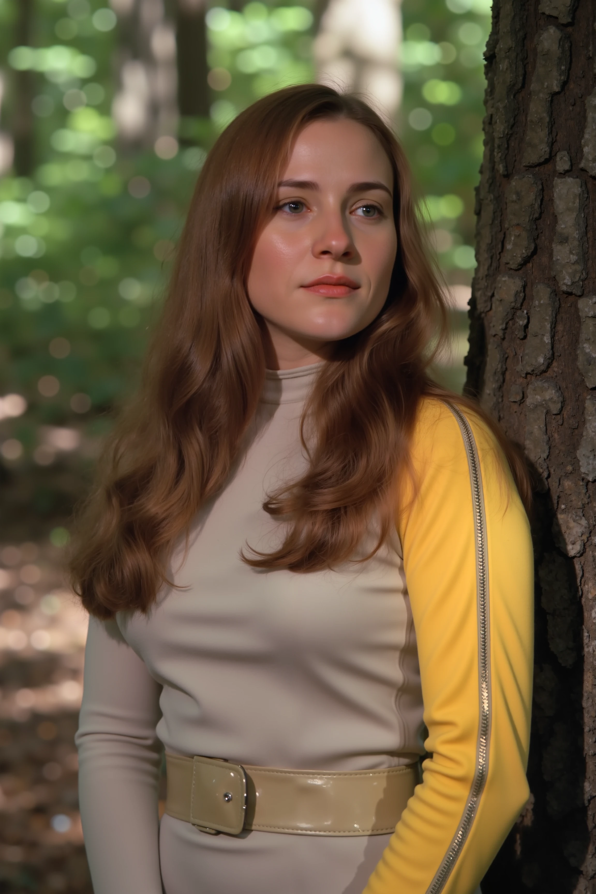 young woman with long hair in beige s1999unf uniform with yellow left sleeve,in a forest<lora:S1999_FLUX><lora:aidmaMJ6.1-FLUX-V0.1:0.6><lora:Movie_Portrait><lora:Flux DetailerV2>