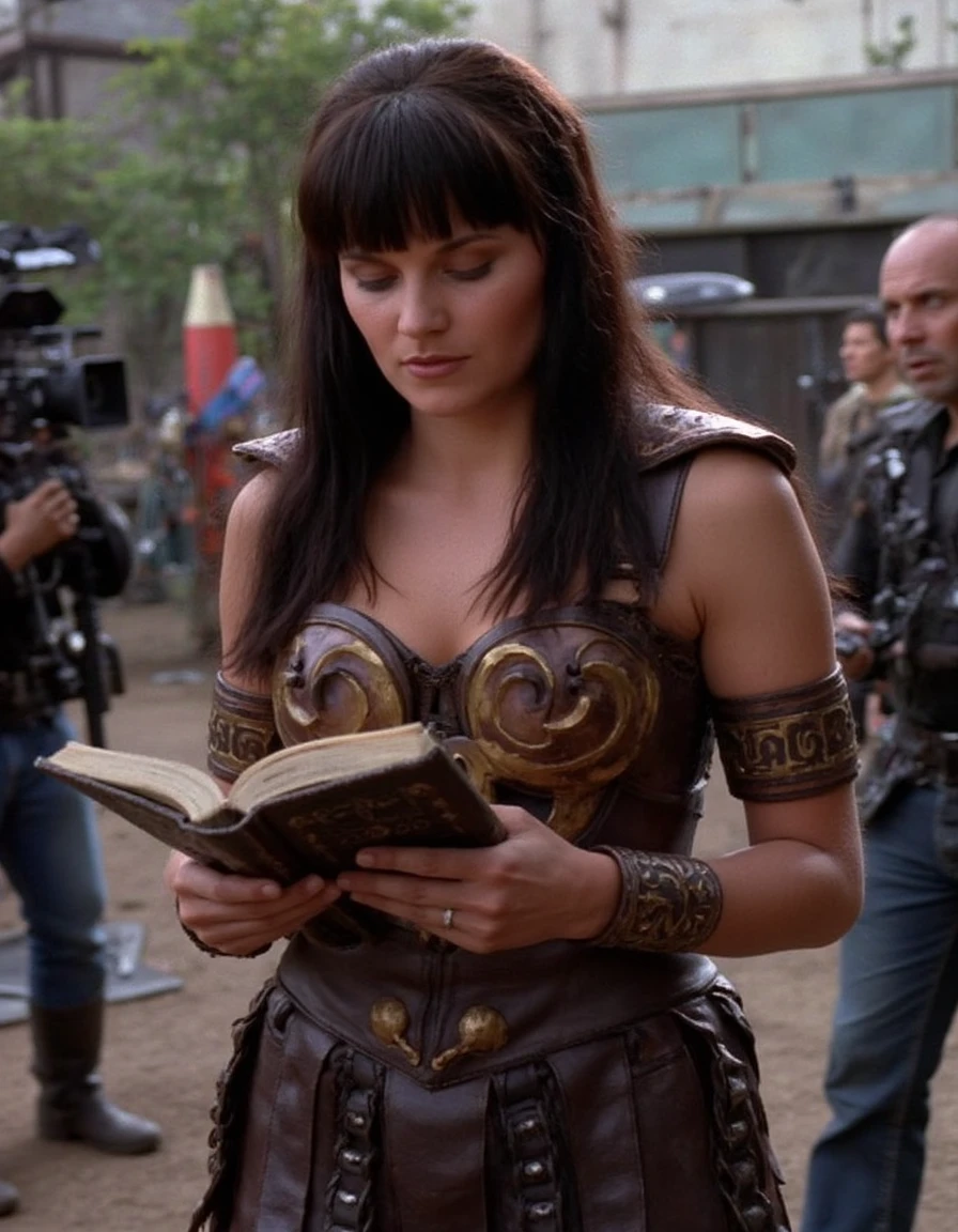 xena, xena-eyes, xena-style, wearing her usual attire of a metal breastplate with a brown corset beneath, she is standing behind the scenes of a film set and is reading a scriptbook while production staff walks around in the background and a cameraman passes by  <lora:flux_xena_640_newest:1.2>