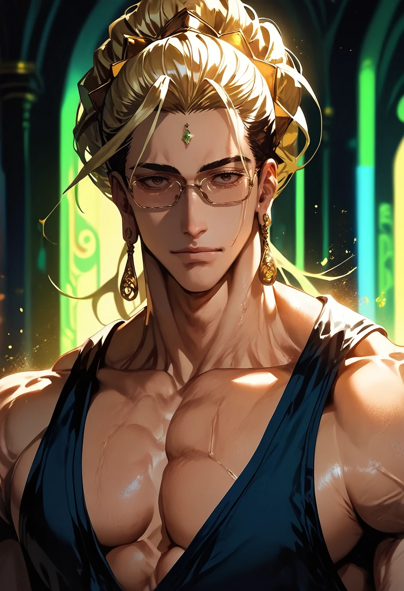 (masterpiece), (best quality), score_9, score_8_up, score_7_up, (masterpiece:1.2), (best quality:1.3), 1boy <lora:Buddha_Record_of_Ragnarok:0.755> bdha_ror, glasses, jewelry, muscular, upper body, facing viewer, blonde, forehead jewel, masterful composition, dynamic movement, low-key lighting, lo-fi, glow, dynamic cinematic lighting, ray_tracing, global illumination