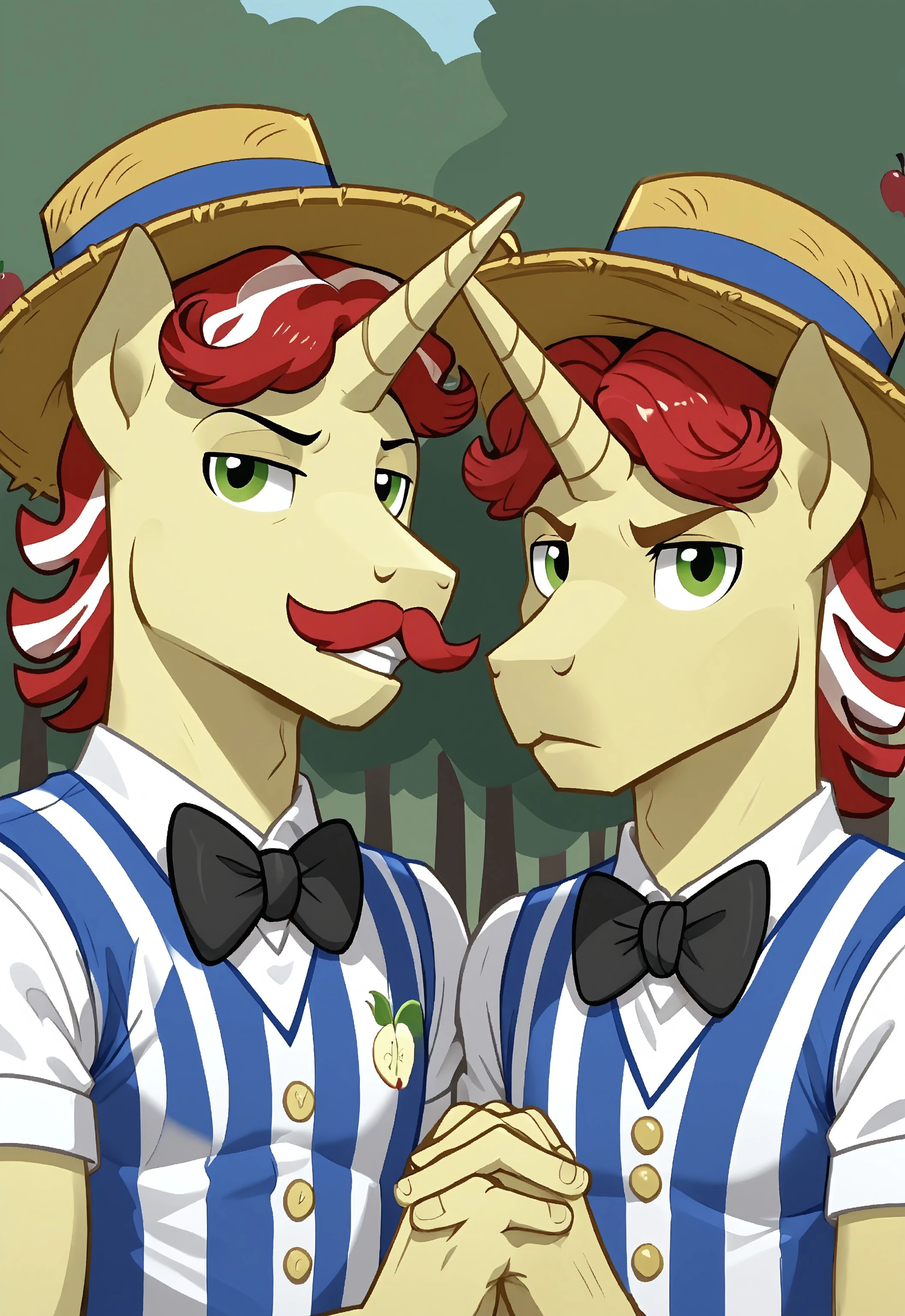 safe_pos, safe_pos, score_9, score_8_up, score_7_up, rating_nsfw, ultra hd, absurdres, duo, masculine male, masterpiece, best quality, best aesthetic, Expressiveh, wolfconf,

MLPFlim, flim_redhair, unicorn, bowtie, striped shirt, BREAK

MLPFLam, flam_redmustache, flam_redhair, striped shirt, (portrait) (looking at viewer), serious, straw hat, apple orchard, mischievous, horny, anthro, holding hands, different characters