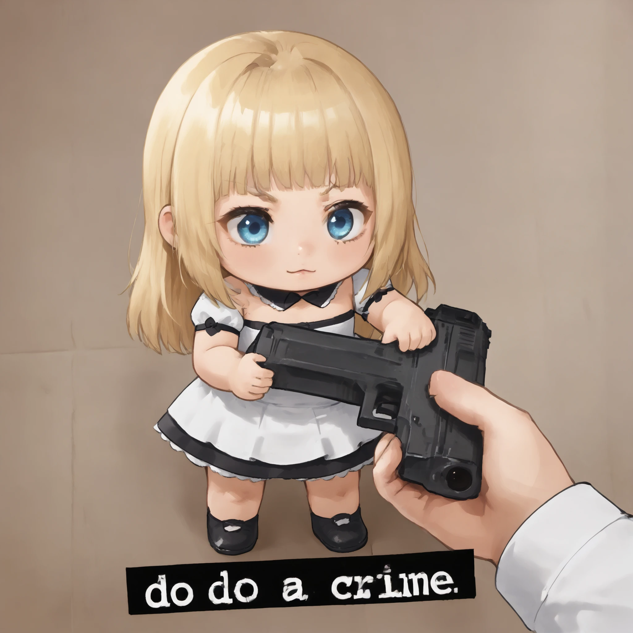 1girl, chibi
 <lora:Luna:0.75> , , blue eyes, blonde hair, full fringe, bangs, framing hair pieces, flat chest, , luna, , dress
holding gun, do a crime , english text<lora:go_do_a_crime:.7>