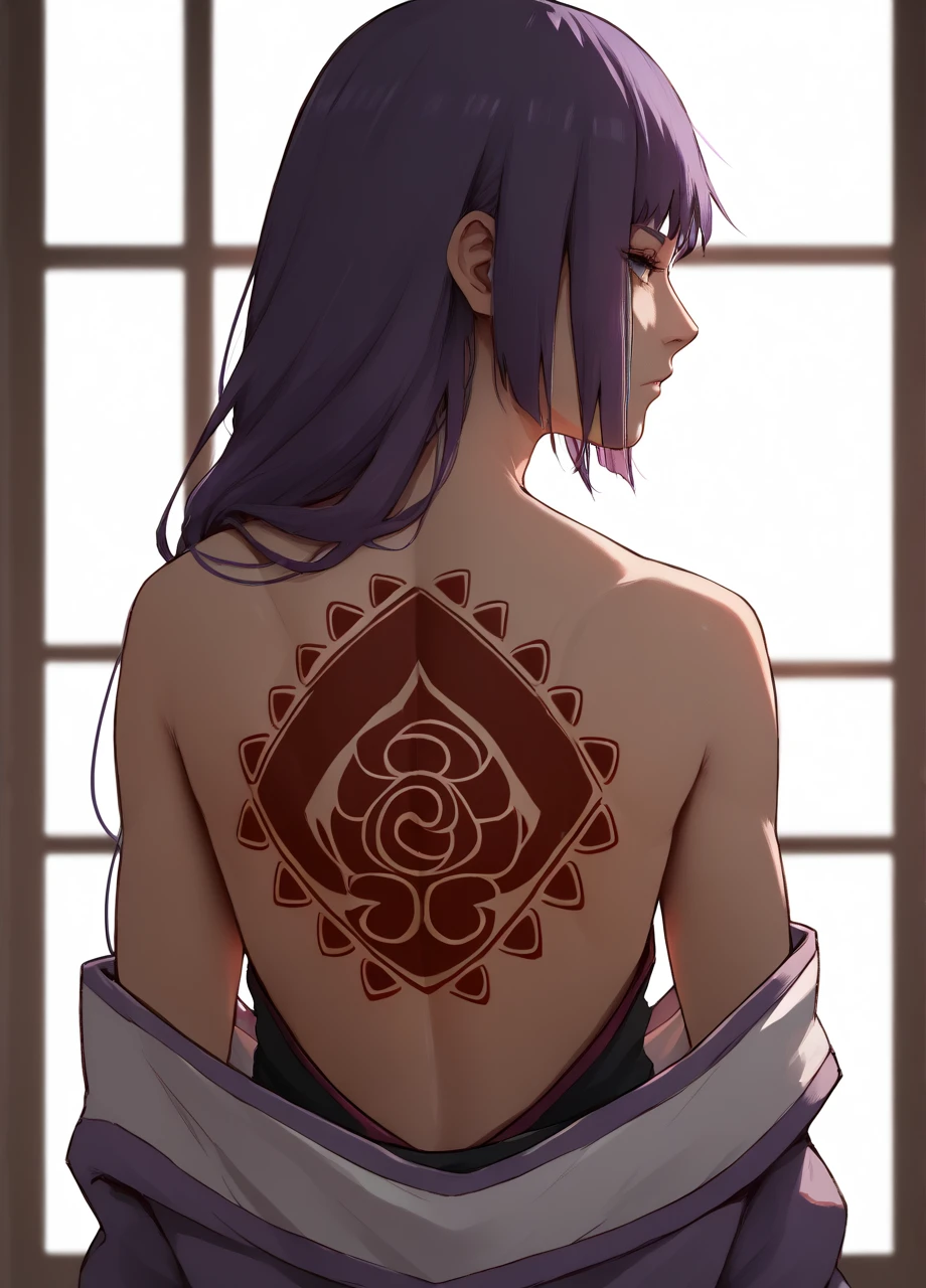 borutosumire, 1girl, purple hair, solo, back to viewer, long hair, hair over shoulder, off shoulder kimono, back tattoo <lora:Naruto_KakeiSumire-PONY:0.8>, score_9, score_8_up, score_7_up, score_6_up,