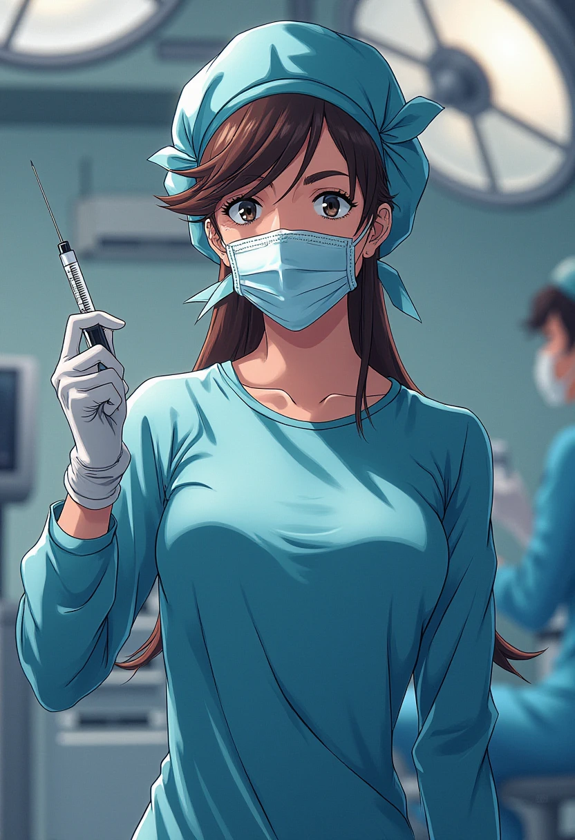 A detailed solo portrait of  suzuhara_sakura 1girl
Anime style, sharp, high contrast and highly detailed.,, 
,
 <lora:evangelion_sakura_suzuhara_flux_v1_2-000006:1>,
She is wearing a full set of long-sleeved surgical attire, including a long-sleeved surgical gown, surgical cap, mask, and surgical gloves. She is looking at the viewer, holding a syringe. She wears a surgical mask that covers her face, and the puffy surgical cap fully wraps around her hair. The surgical gown is crew neck, with her neck exposed. The setting is a modern operating room with a clean and sterile environment. The background includes surgical equipment. A large shadowless lamp overhead. No oversized surgical gown.