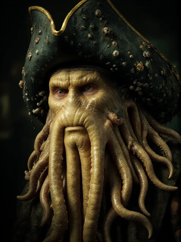 Davy Jones wears a pirate hat closeup face portrait <lora:Davy_Jones:0.9>