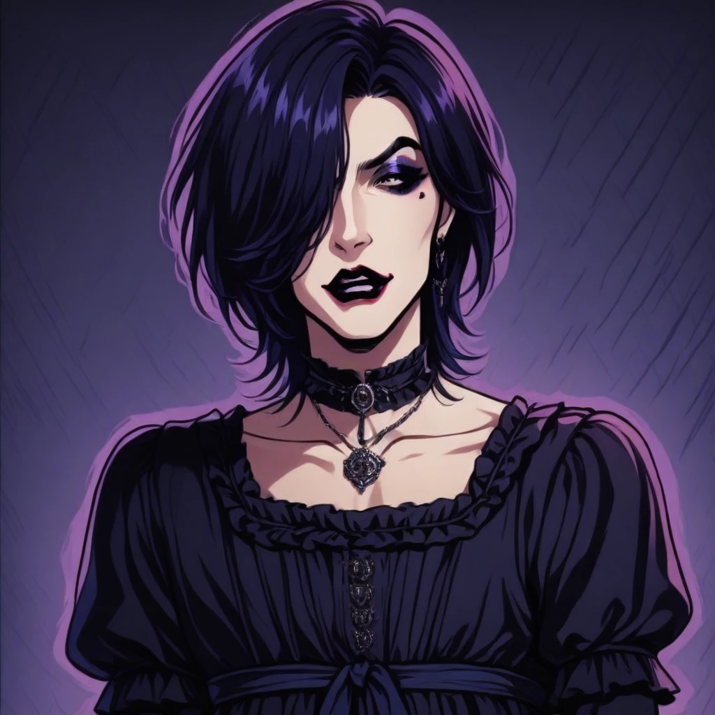 43sth3t1c, solo, makeup, black hair, gothic, lipstick, choker, hair over one eye, dress, jewelry, eyeshadow, 1boy, male focus, visual kei ,comic art style, illustration, masterpiece