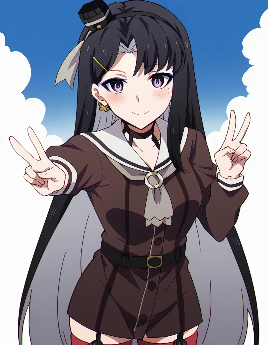 score_9, score_8_up, score_7_up, source_anime, <lora:taktop-heaven-s1-ponyxl-lora-nochekaiser:1>, heaven, long hair, bangs, black hair, hair ornament, hairclip, white hair, two-tone hair, bangs, purple eyes, mole, mole under eye, makeup, eyeshadow, medium breasts,, <lora:kancolle-amatsukaze-cosplay-ponyxl-lora-nochekaiser:1>, kancolle amatsukaze cosplay, amatsukaze (kancolle) (cosplay), lifebouy ornament, sailor dress, smokestack hair ornament, grey neckerchief, lifebouy, cosplay, garter straps, brown dress, striped thighhighs, mini hat, red thighhighs, short dress,, ocean, smile, blush, blue sky, v, cowboy shot, looking at viewer,, , dutch angle, cowboy shot