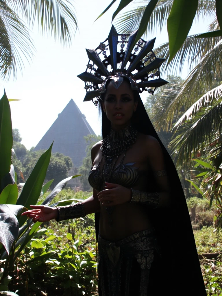 realistic,ultra realism,raW PHOTO,akasha the vampire queen of the damned,full body, she is in the jungle a piramid is far in the background brigh sunny day,cinematic,highly detailed,high reaolution,4k,