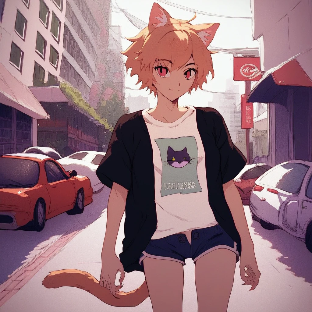 conjoined, source_anime, score_9, score_8_up, score_7_up, 1girl, cat ears, shirt, shorts, city background, smile