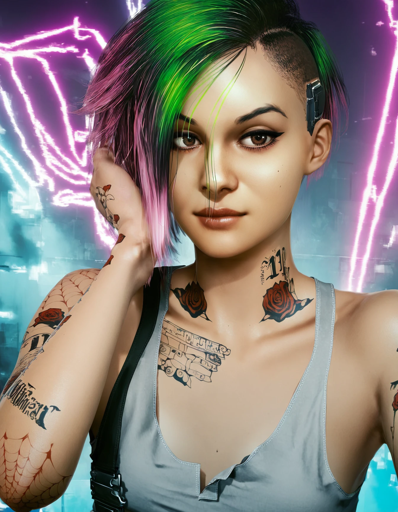 judy alvarez, 1girl, solo, tattoo, short hair, multicolored hair, green hair, looking at viewer, realistic, undercut, pink hair, two-tone hair, makeup, asymmetrical hair, eye makeup, brown eyes, arm tattoo,  <lora:Judy-Alvarez-Pony:0.9>
BREAK
level_9, level_8_up, level_7_up, level_6_up, level_5_up, source_cartoon, masterpiece 
BREAK
small breasts, indoor, neon lights,