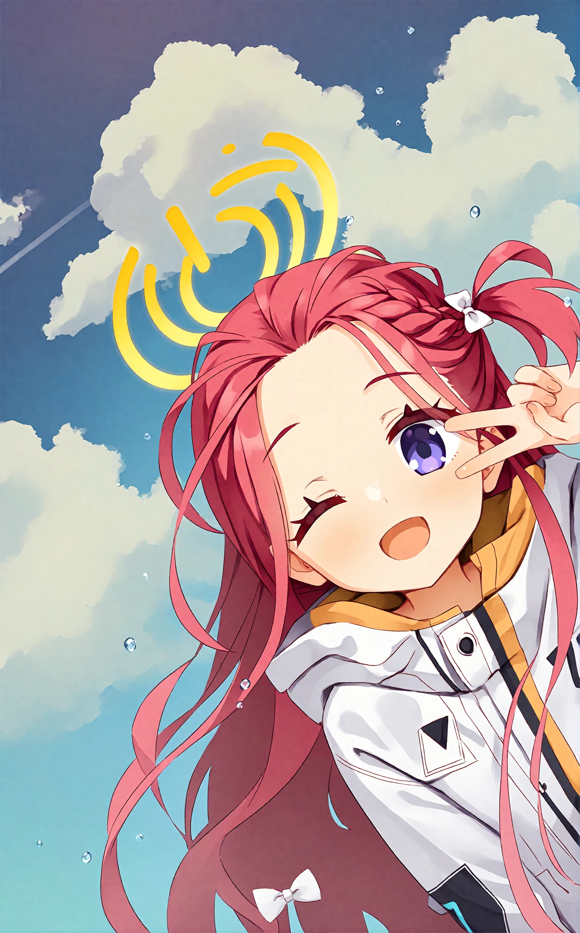 Kobuichi Muririn score 9,1girl,yuzu \(blue archive\),one eye closed,open mouth,;d,v,solo,(in summer),(ocean),(day),(cloud),(cirrus),(Cirrocumulus),(air bubble),(bubble),(underwater),(water drop),laughing,open mouth,halo,hair_bow,forehead,hooded_jacket,looking_at_viewer,long_sleeves,braid,white_jacket,white_bow,parted_lips,hooded_coat,multicolored_clothes,coat,one_side_up,hood_down,lispict,32k,absurdres,masterpiece,best quality,highly detailed,. gorgeous,key visual,studio anime,award-winning,professional,highly detailed,high budget,cinemascope,ray tracing,source anime,<lora:lighting Slider_alpha1.0_rank4_noxattn_last:-2>,<lora:pony_outline_lbw_5x:-0.2>,