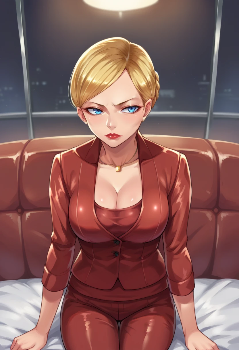 score_9,score_8_up,score_7_up BREAK <lora:T-X:1>,T-XSDXL,solo,1girl,short hair,blue eyes,blonde hair,cleavage,jewelry,jacket,pants,necklace,lips,formal,suit,lipstick,cowboy shot,room,room background,sitting,