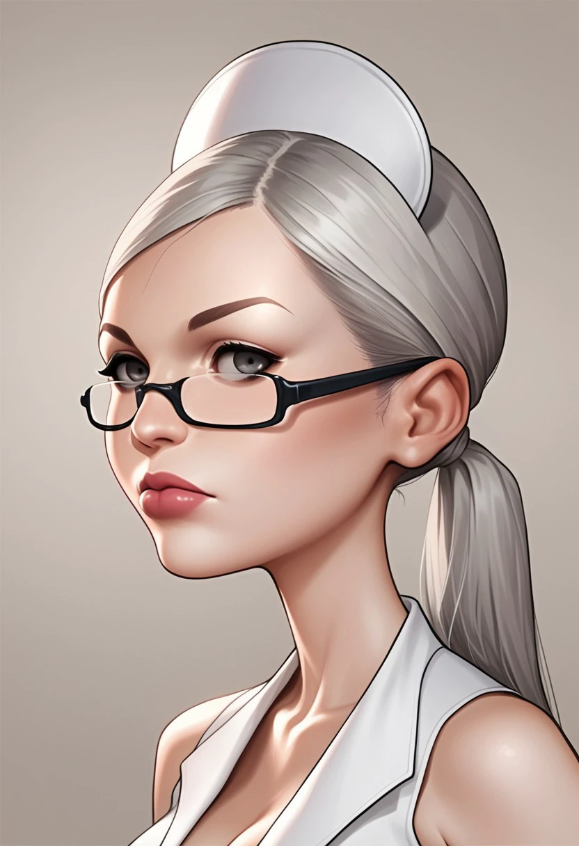 score_9, score_8_up, score_7_up, score_6_up, source_cartoon, source_safe, raw, realistic, 2d, cowboy portrait, face focus, side profile,
N1ght_Nur53, 1girl, semi frameless eyewear, grey eyes, white thighhighs,  lips, hat, white dress, nurse, grey hair, ponytail,