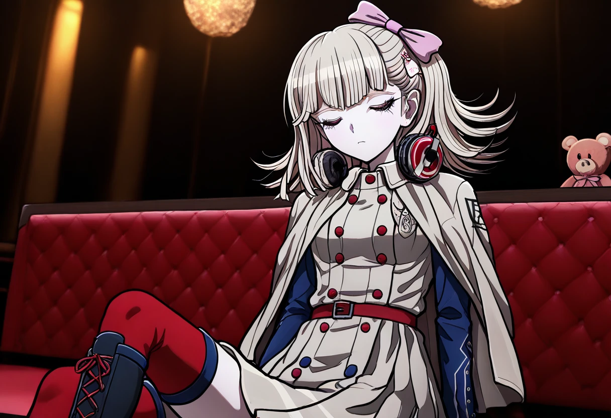 (((solo))),  masterpiece, best quality, <lora:Pucci_Lavmin_Illustrious:1>, In the art style of Rui Komatsuzaki, artist: Rui Komatsuzaki, <lora:Chiaki_Nanami_Illustrious:0.3> This is an anime screencap from Danganronpa 3. . Pucci Lavmin wearing a beige double breasted cape coat with red buttons and a red belt, red thigh high socks, and black boots. She has short, layered blond hair tied back with a pink bow and a bunny ear hair clip on the left side of her head. She has red headphones.  The image captures Pucci Lavmin in perfect serenity as she sits in the center of an empty concert hall during a sound check. Various musical instruments are scattered around her, and she's holding up a hand with her eyes closed, helping the sound technicians achieve perfect acoustic balance. Her teddy bear sits in the front row wearing a tiny sound technician's badge.