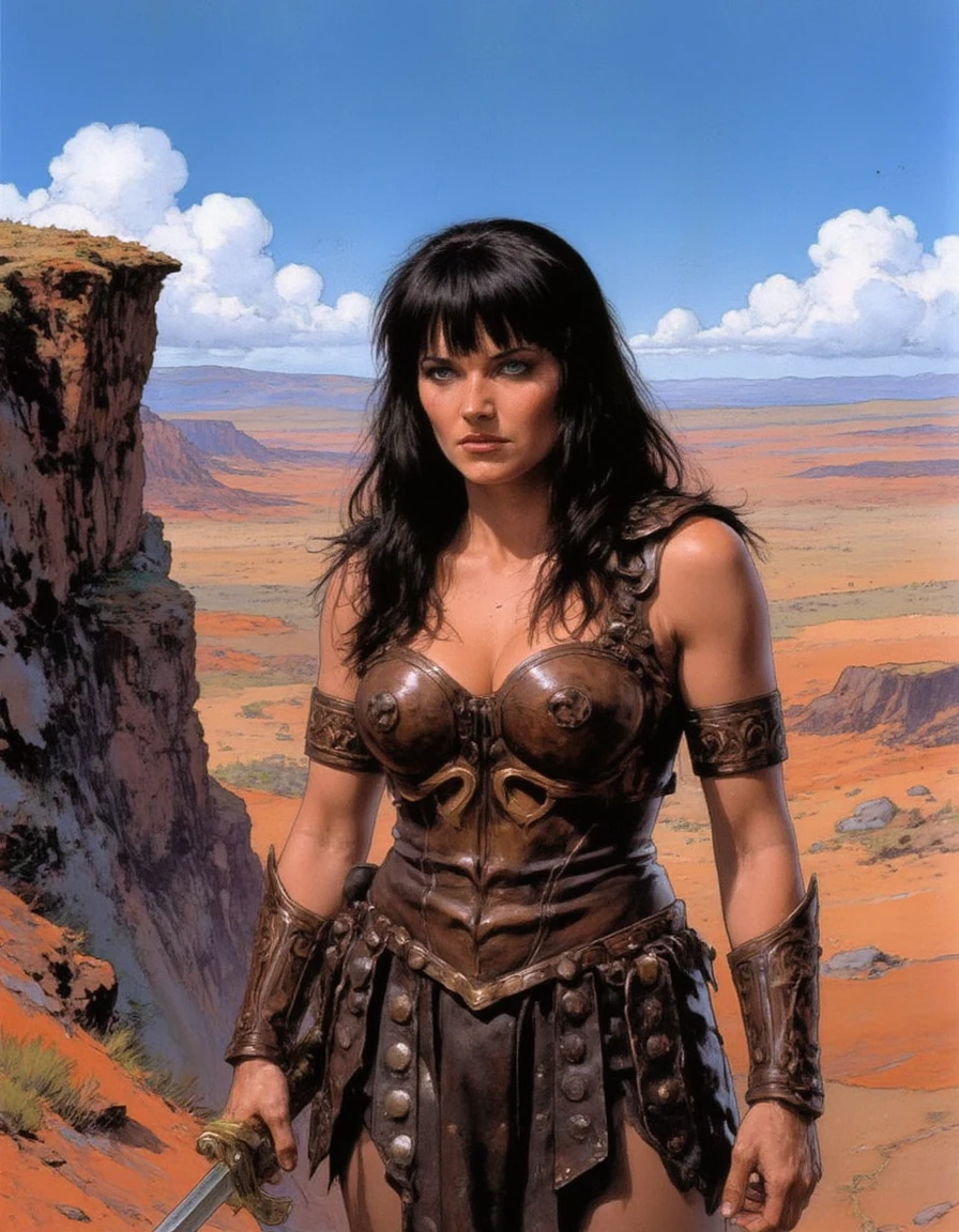 xena, xena-style, xena-eyes, comic book style, wearing her usual attire of a metal breastplate over a brown corset, comic illustration of xena standing at the edge of a tall cliff overlooking a desert, a sword held idly in her hand  <lora:flux_xena_640_newest:1.2> <lora:Comic book V2 [TW is Comic book style; use 1.5 strength]:1.4>