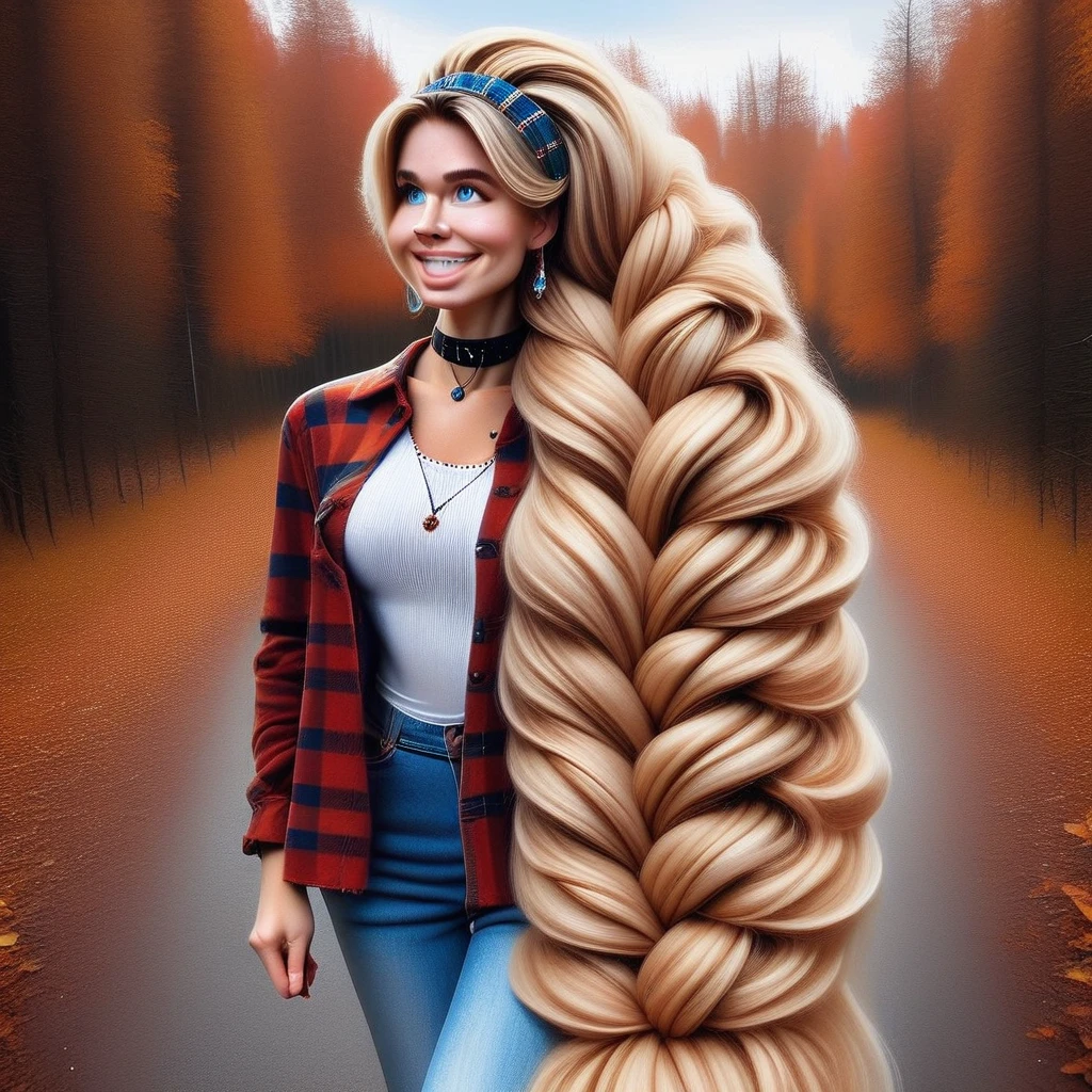 sup3rh41rg1g4nt1cbr41d,SuperHairGiganticBraid,Super Hair Gigantic Braid, 1girl, solo, long hair, breasts, smile, open mouth, blue eyes, blonde hair, shirt, jewelry, very long hair, white shirt, braid, hairband, earrings, outdoors, teeth, choker, pants, necklace, collar, tree, plaid, single braid, leaf, denim, dog, jeans, realistic, nose, bench, autumn leaves, plaid shirt, autumn