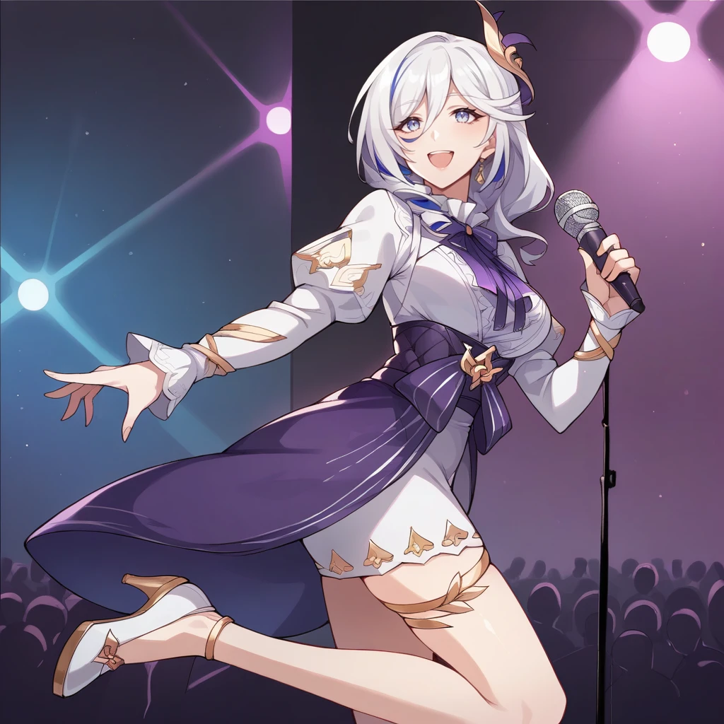 score_9_up, score_8_up, score_7_up, source_anime, 1girl, solo, mature body, concert hall, indoors, neon lights, spotlights, standing on one leg, bend knee, high heels, single kneehigh, looking ahead, from side, angled shot, excited smile, open mouth, holding microphone, singing, raised hand, Shariac, DW_Idol, streaked hair, blue hair, blue eyes, white hair, drill hair, long hair, dress, white dress, two-tone skirt, purple skirt, white skirt, gold thigh strap, side slit, juliet sleeves, white sleeves, frilled sleeves, jewelry, high-waist skirt, long skirt, frilled collar, purple bow, neck ribbon, purple ribbon, side ponytail, dynamic cowboy shot, 