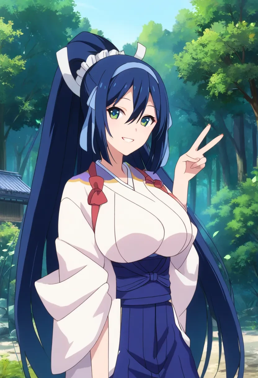 score_9, score_8_up, score_7_up, score_6_up,
masterpiece, source_anime,

1girl, solo,

Kanae, very long hair, ponytail, blue hair, long hair,

japanese clothes, blue hakama,

forest, outdoors, v, hand sign, looking at viewer, smile,