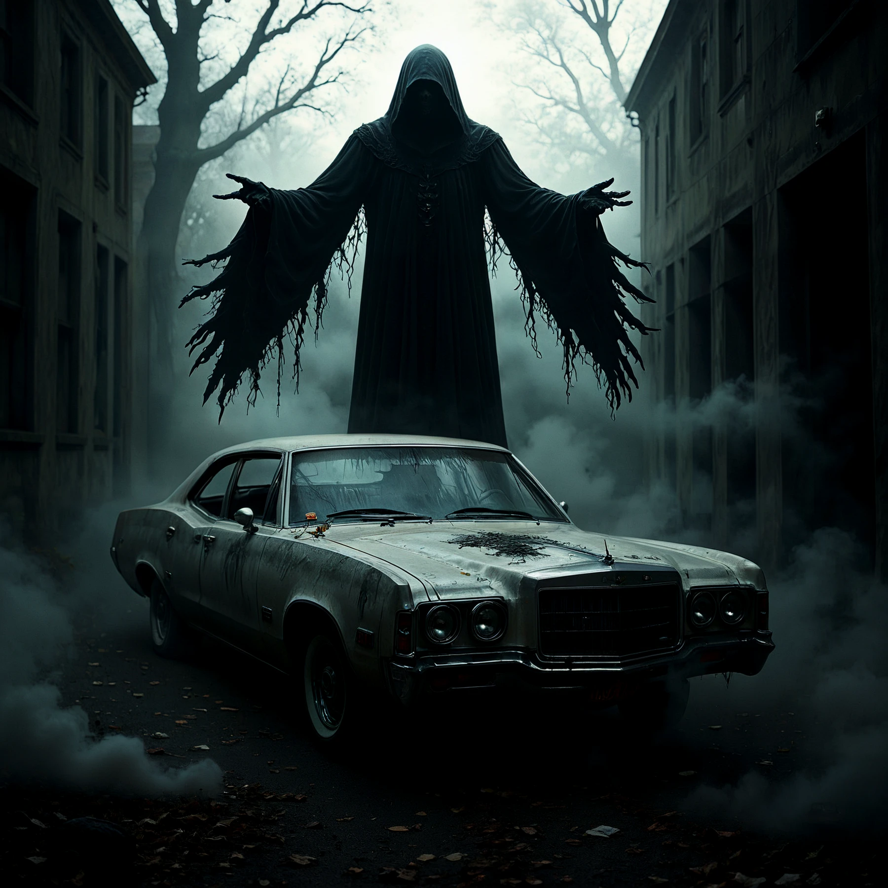 A ghostly presence hanging over a sinister car. 

<lora:Nightmare01a_CE_SDXL_64x32x220x2bOT:0.8> nghtmrCE_Style