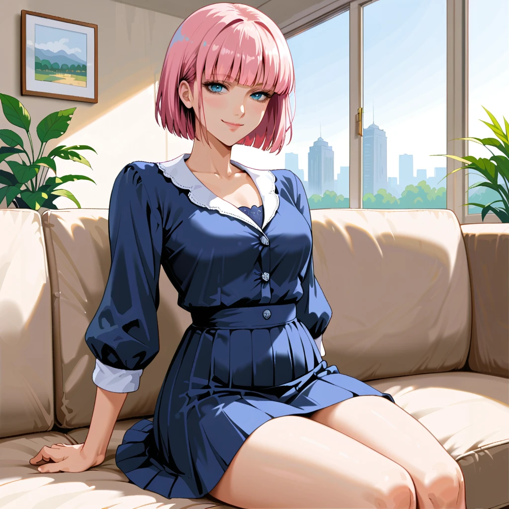 score_9, score_8_up, source_anime, 1girl,<lora:Armist_Mon-Mon:0.8>, short hair, pink hair, bob cut, blue blouse, blue skirt, naughty smile, living room, sitting, on couch, looking at viewer, day, solo