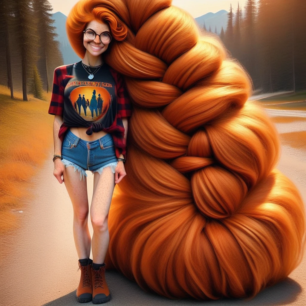 sup3rh41rg1g4nt1cbr41d,SuperHairGiganticBraid,Super Hair Gigantic Braid, 1girl, solo, long hair, breasts, looking at viewer, smile, blue eyes, shirt, jewelry, very long hair, standing, full body, braid, boots, outdoors, glasses, shorts, midriff, necklace, orange hair, grin, bracelet, tree, plaid, short shorts, clothing cutout, denim, freckles, denim shorts, realistic, round eyewear, absurdly long hair, tied shirt, print shirt, cutoffs, big hair, plaid shirt, checkered shirt