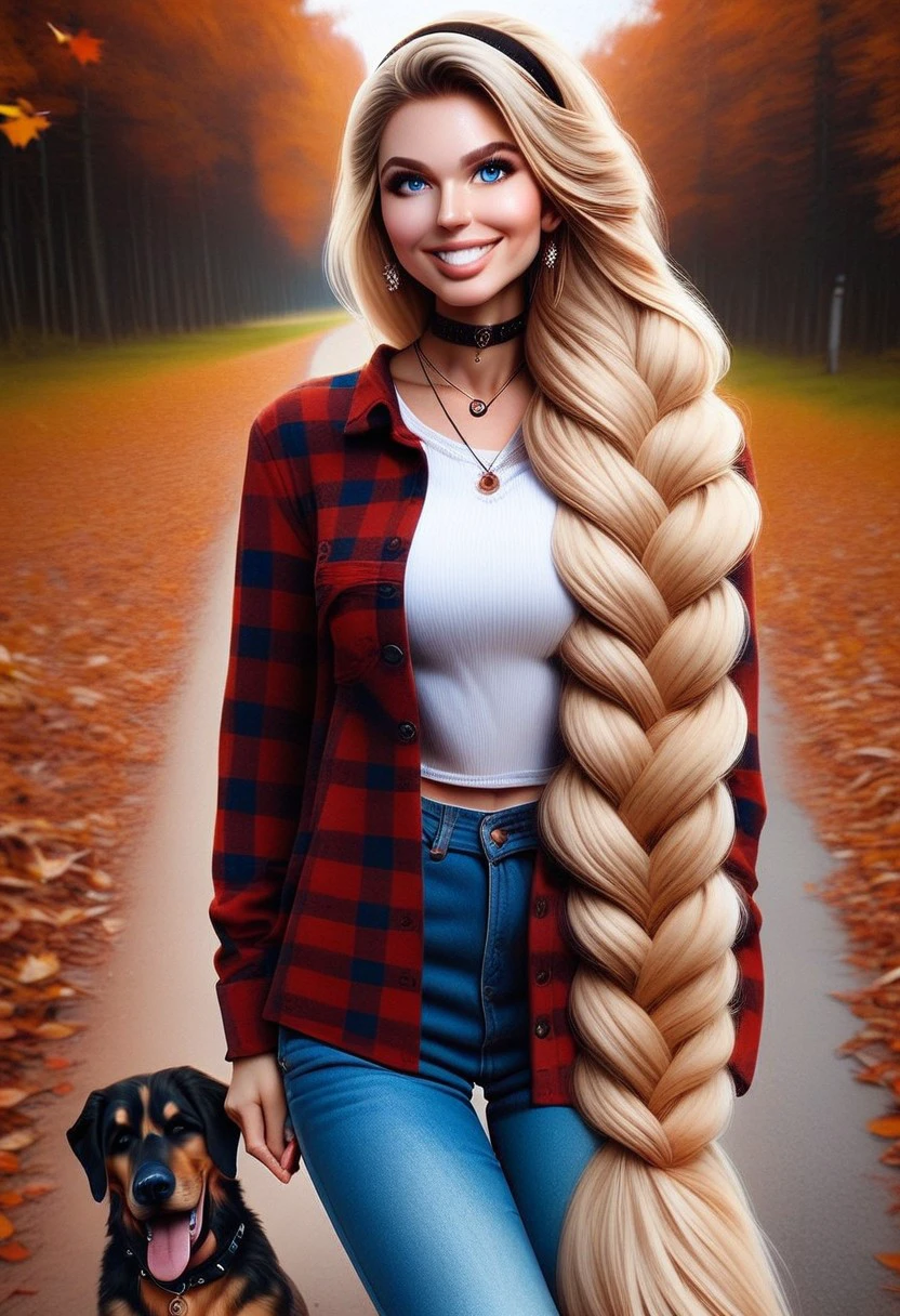 score_9, score_8_up, score_7_up, 
sup3rh41rg1g4nt1cbr41d,SuperHairGiganticBraid,
1girl, solo, long hair, breasts, smile, open mouth, blue eyes, blonde hair, shirt, jewelry, very long hair, white shirt, braid, hairband, earrings, outdoors, teeth, choker, pants, necklace, collar, tree, plaid, single braid, leaf, denim, dog, jeans, realistic, nose, bench, autumn leaves, plaid shirt, autumn