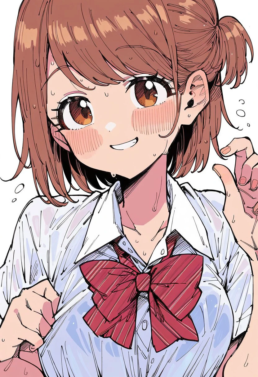 score_9, score_8_up, score_7_up, 
aseshibuki, 1girl, brown hair, brown eyes, smile, bow, shirt, blush, (sweaty)