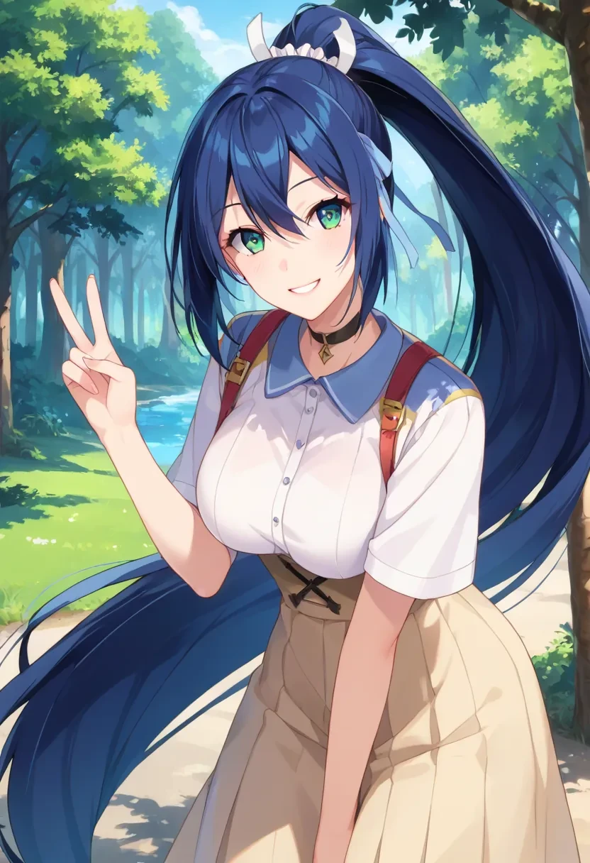 score_9, score_8_up, score_7_up, score_6_up,
masterpiece, source_anime,

1girl, solo,

Kanae, very long hair, ponytail, blue hair, long hair,

forest, outdoors, v, hand sign, looking at viewer, smile,