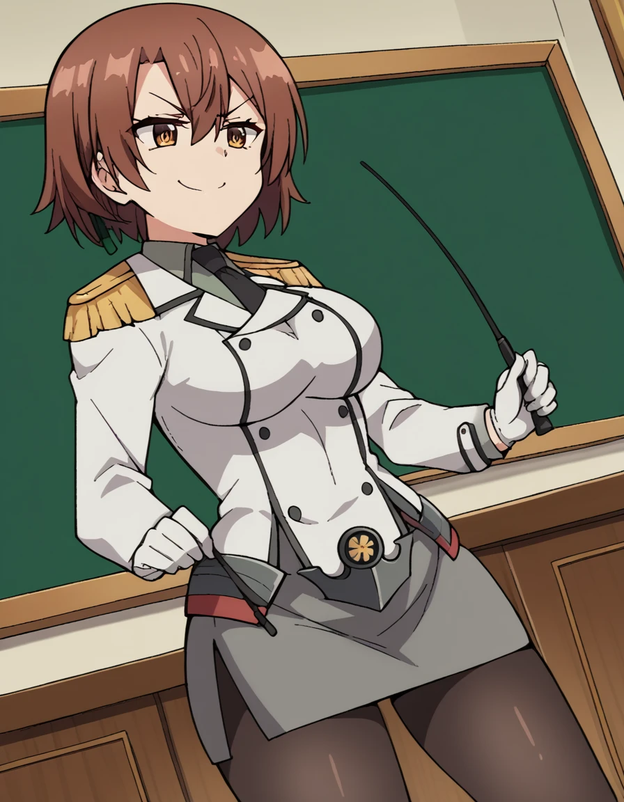 score_9, score_8_up, score_7_up, source_anime, <lora:lola-metrose-s1-ponyxl-lora-nochekaiser:1>, lola metrose, short hair, brown hair, hair between eyes, brown eyes, large breasts, <lora:kancolle-katori-cosplay-ponyxl-lora-nochekaiser:1>, kancolle katori cosplay, katori (kancolle) (cosplay), riding crop, pointer, epaulettes, holding pointer, double-breasted, cosplay, military uniform, military, holding riding crop, buttons, necktie, white gloves, black necktie, pantyhose, grey skirt, indoors, classroom, smug,, cowboy shot,, , dutch angle, cowboy shot