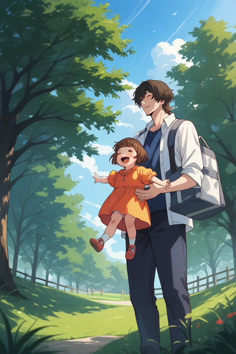 score_9, score_8_up, score_7_up, source_anime, rating_questionable, day, natural lighting, tree, grass, summer theme, 2ndfather and daughter focus, summer clothes, carrying, looking away, smiling, closed eyes, ReiBD, black_Rei_messy hair, closed mouth, 2ndboy, MiriBD, full body, brown_Miri_female hair, open mouth, 1female child, blurry outdoors park, scenery, from below, dutch angle, intricately detailed illustration, atmospheric perspective, depth of field