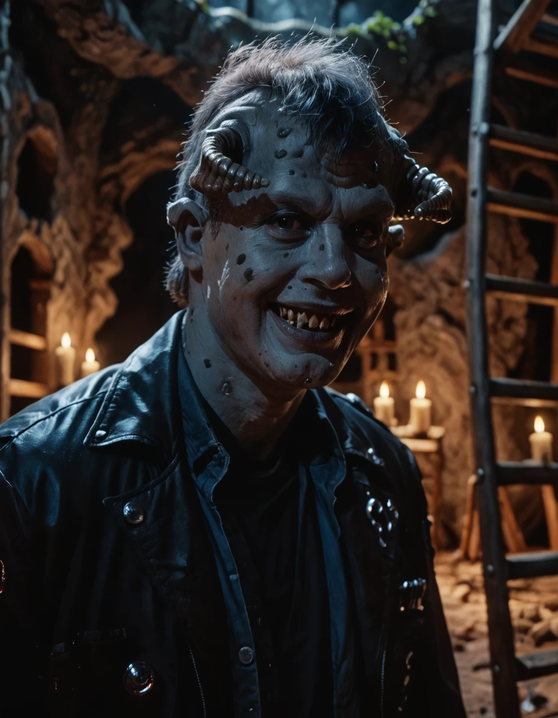 claustrophobia, Cinematographic film, showing the distorted state of a person, demon-possessed., sinewy neck, skin crawls from the wicked, Supernatural Energy, when they succumb to dark forces, consuming their body.