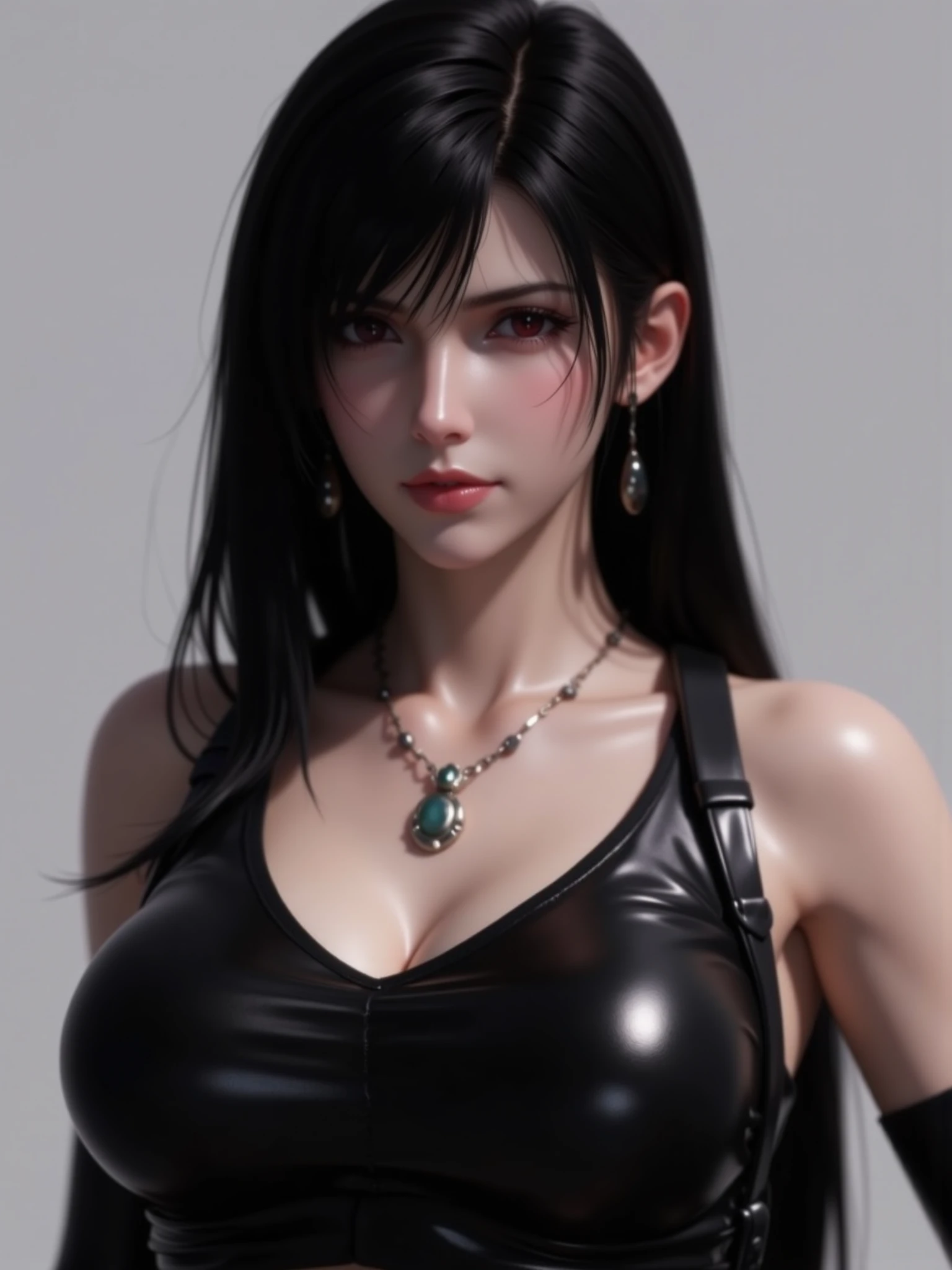 1girl,tifa lockhart,long hair,solo,breasts,jewelry,earrings,black hair,shiny clothes,upper body,gloves,red eyes,elbow gloves,grey background,shiny,necklace,simple background,lips,large breasts,bangs,bare shoulders,black gloves,collarbone,looking at viewer,cleavage,taut clothes,**** top,closed mouth,skin tight,latex,realistic,suspenders,shiny skin,