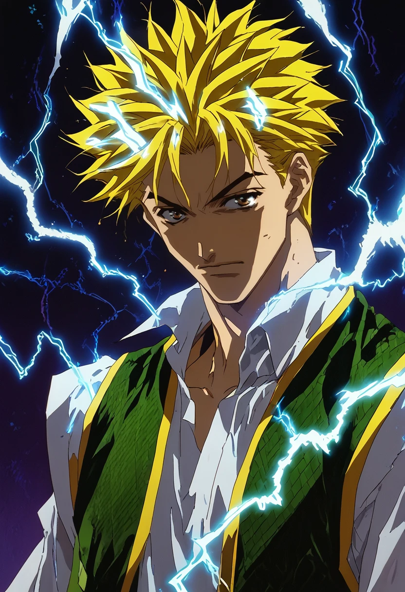 (masterpiece), (best quality), score_9, score_8_up, score_7_up, (masterpiece:1.2), (best quality:1.3), 1boy, male focus <lora:Ginji Amano (GetBackers):0.8> ginjia_gbrs, blonde hair, shirt, vest, simple background, portrait, electricity, 2000s \(style\), low light, dark, dim, cinematic lighting, high contrast, rim lighting, masterful composition, dynamic movement, ray_tracing, global illumination, glow
