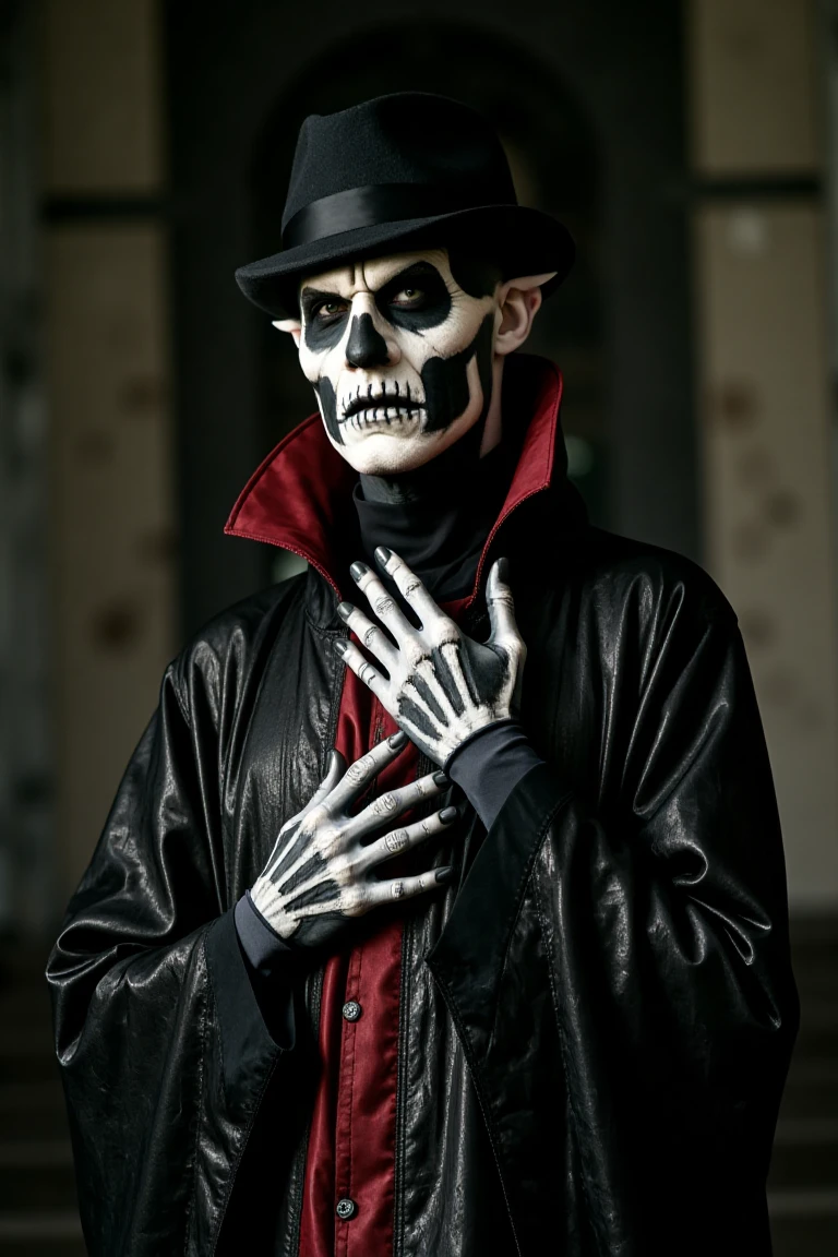 PapaSecondo, portrait, vampire, extreme pointy ears, ornamental vampire robe,  skull face paint. show his right skull paint hand with sharp claw fingernails, upper Lip is black and the lower white. His left eye is white and the right eye is dark green. Black fedora hat vibrant, crypt background