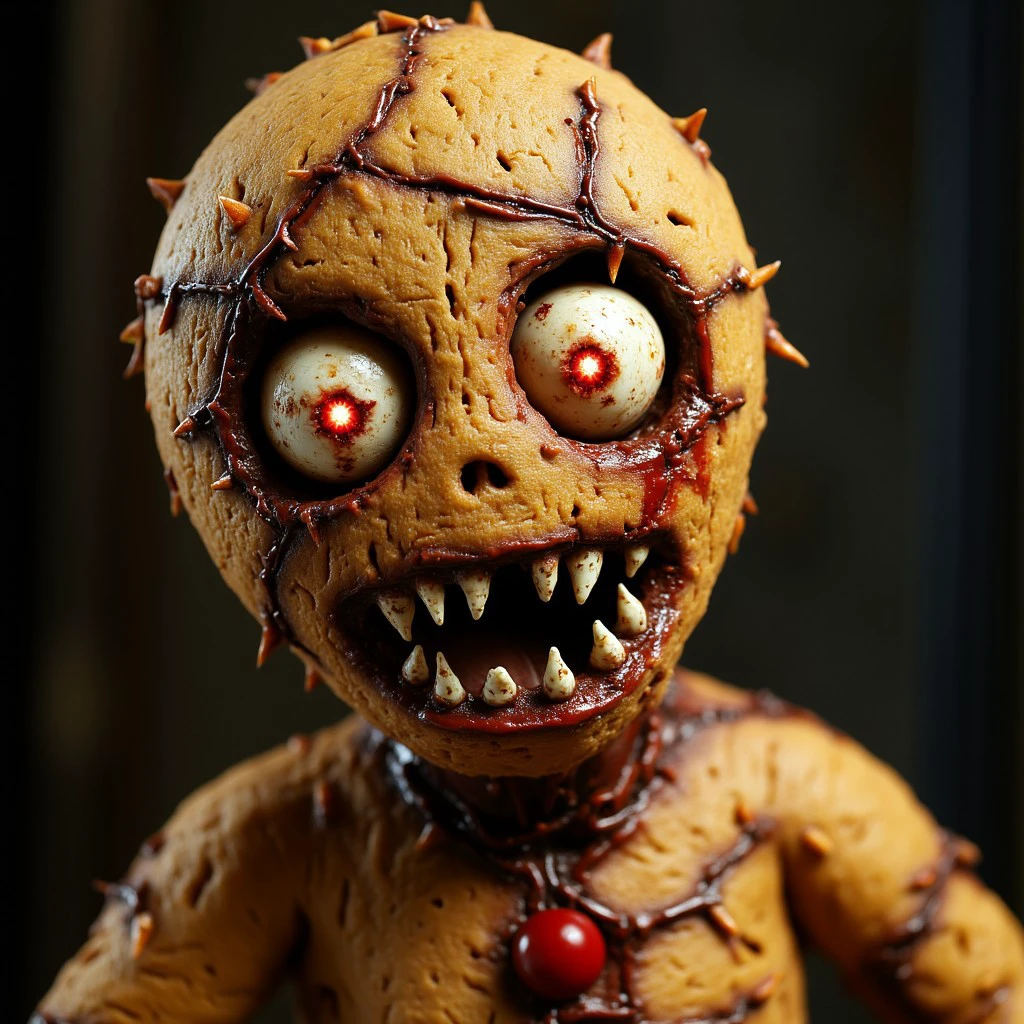 The image is a high-resolution CGI rendering of a Xmasdemon grotesque, Halloween-themed character, likely a gingerbread man, with a highly detailed, exaggerated design. The character's skin is a light brown, textured to resemble gingerbread, with a rough, slightly cracked appearance. Its face is extremely distorted, featuring wide, glowing, bloodshot eyes with red sclera and black pupils, giving it an unsettling, otherworldly look.