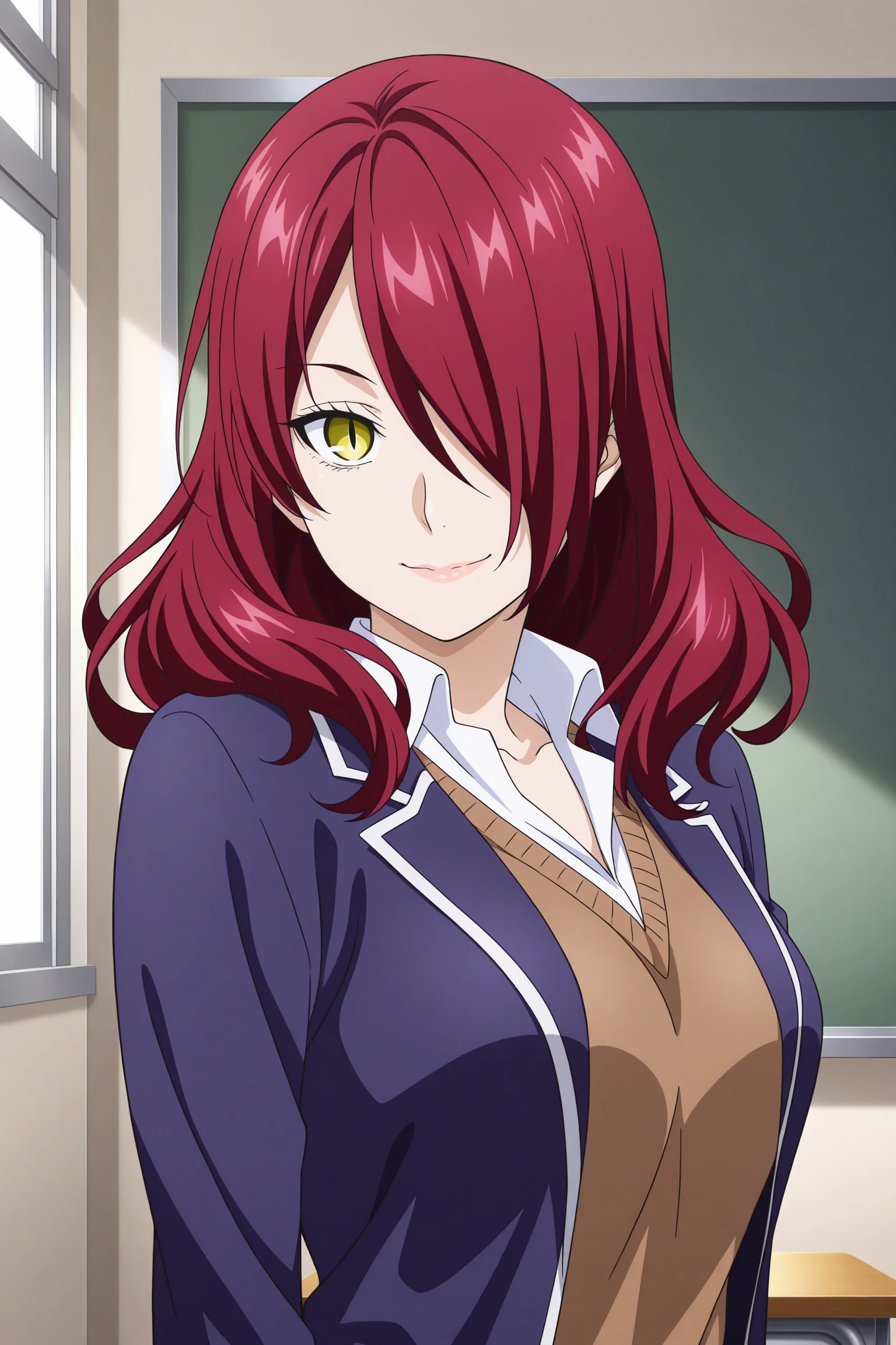 1girl, looking at viewer, indoors, classroom, masterpiece, best quality, amazing quality, highres, absurdres, very aesthetic, high resolution, ultra detailed, perfect details, smile, medium breasts, kobayashi rindou, long hair, red hair, wavy hair, yellow eyes, hair over one eye, slit pupils, school uniform, long sleeves, sleeves past wrists, blazer, blue jacket, white shirt, collared shirt, brown sweater, brown skirt, plaid skirt, pleated skirt, black kneehighs, loafers, <lora:Rindou_Kobayashi_ILXL:0.8>, (mature female:1.1), (upper body:1.2), (official_wallpaper:1.5)