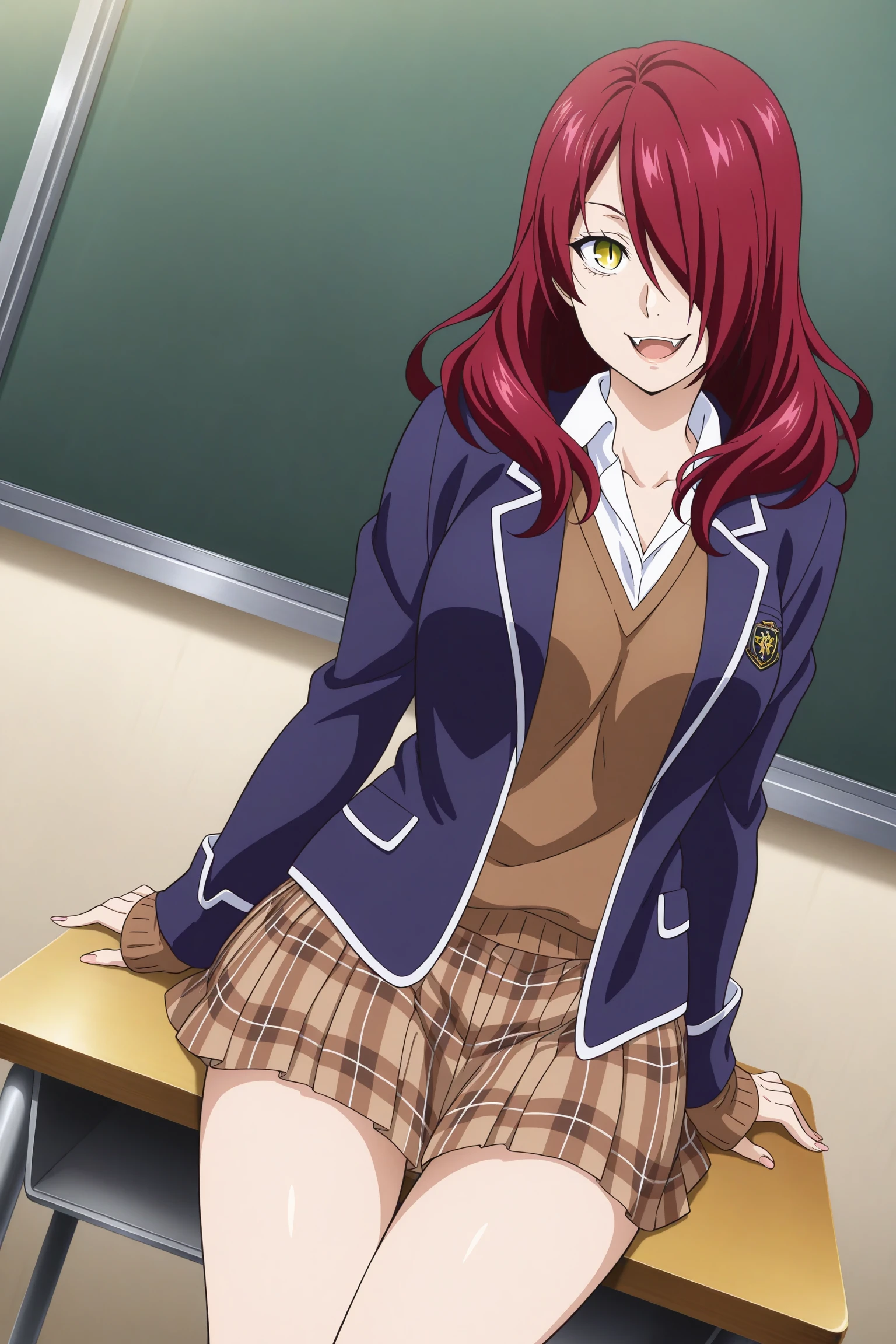 1girl, looking at viewer, indoors, classroom, masterpiece, best quality, amazing quality, highres, absurdres, very aesthetic, high resolution, ultra detailed, perfect details, smile, medium breasts, kobayashi rindou, long hair, red hair, wavy hair, yellow eyes, hair over one eye, slit pupils, school uniform, long sleeves, sleeves past wrists, blazer, blue jacket, white shirt, collared shirt, brown sweater, brown skirt, plaid skirt, pleated skirt, black kneehighs, loafers, <lora:Rindou_Kobayashi_ILXL:0.8>, (mature female:1.1), (cowboy shot:1.2), (official_wallpaper:1.5), open mouth, fangs