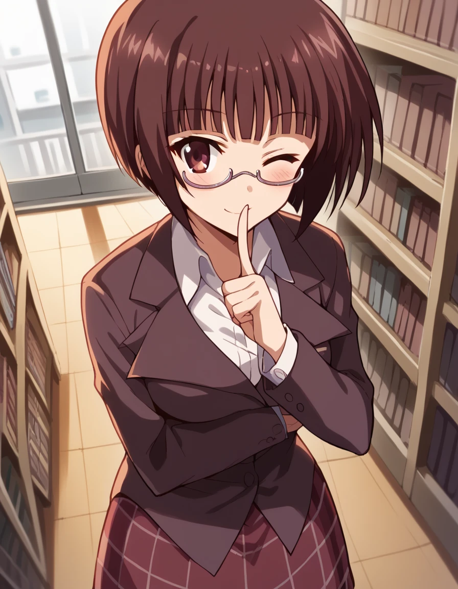 score_9, score_8_up, score_7_up, source_anime, <lora:luna-minase-s2-ponyxl-lora-nochekaiser:1>, luna minase, short hair, brown hair, brown eyes, glasses, bob cut, under-rim eyewear, medium breasts,, skirt, school uniform, plaid, plaid skirt, shirt, white shirt, collared shirt, jacket, long sleeves,, skyscraper, tall, glass, modern, building, , <lora:shushing-ponyxl-lora-nochekaiser:1>, shushing, finger to mouth, index finger raised, from above, library, smile, blush, one eye closed, dutch angle,, looking at viewer, solo,, dutch angle, cowboy shot