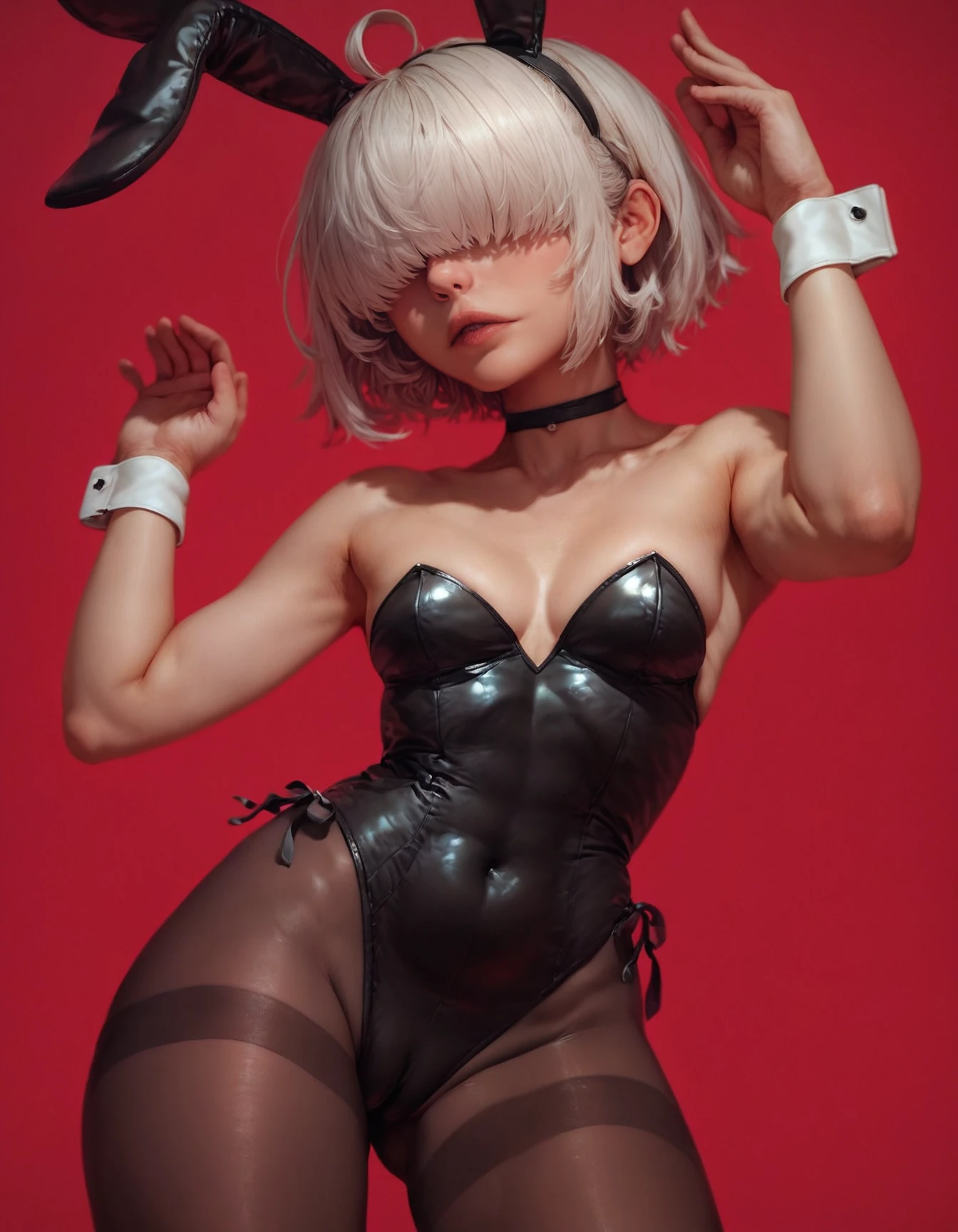 score_9, score_8_up, score_7_up, score_6_up, score_5_up, zPDXL3, max detail, 4k wallpaper, masterpiece, best quality, absurdres, highres, dynamic angle, dynamic pose, source_anime, 
ZuuhlStyle, realistic,
1girl, solo, pantyhose, animal ears, ahoge, short hair, rabbit ears, thighband pantyhose, playboy , leotard, white hair, open mouth, , fake animal ears, small , hair over eyes, from below, choker, black leotard,  shoulders, strapless, black choker, red background, covered navel, :o, strapless leotard, black pantyhose, , hairband, bangs, cowboy shot, highleg, hands up, blush, covered eyes, brown pantyhose,  arms
<lora:ZuuhlStyle-000010:1>