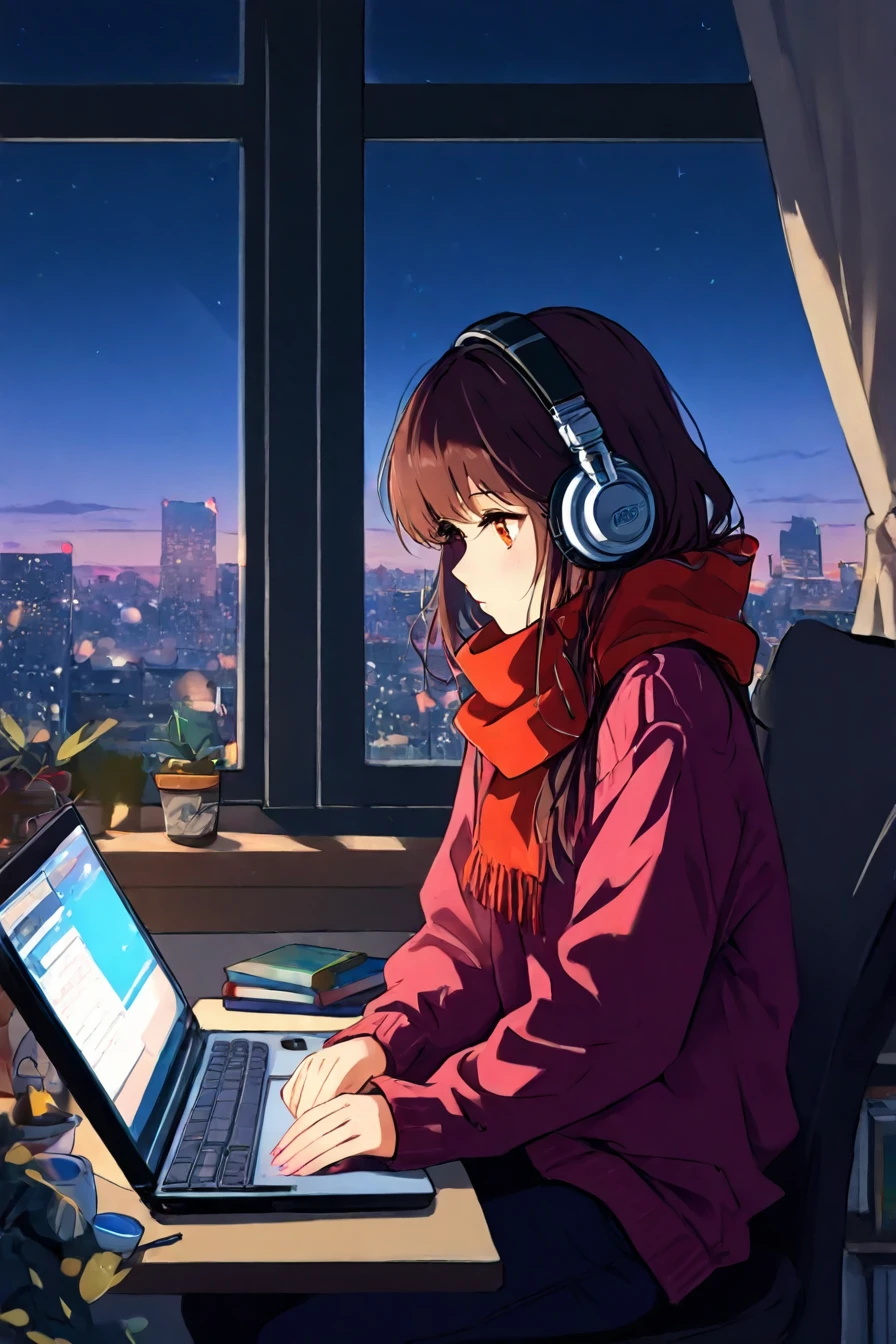 score_9, score_8_up, score_7_up, score_6_up, score_5_up, score_4_up,    <lora:lofigirl-ponyxl:0.8>,  lfg, sweater, scarf, pants, headphones, window, indoor, chair, sitting, laptop, <lora:Lofi_style:0.8>, 1girl, solo, alone, lofi_style, lofi,  masterpiece, highres