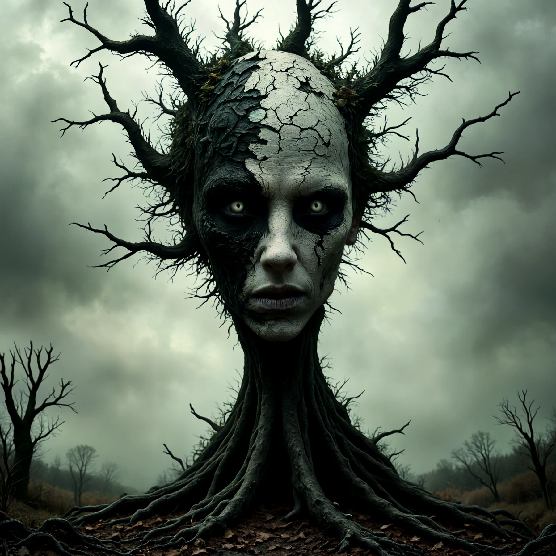 Nightmare tree. Pale face. Mottled skin.

<lora:Nightmare01a_CE_SDXL_64x32x220x2bOT:0.8> nghtmrCE_Style