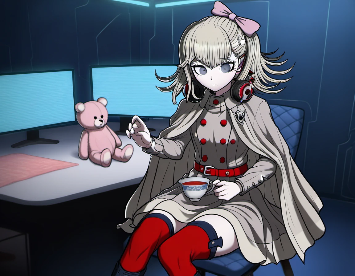 (((solo))), <Danganronpa>, <artist:Rui Komatsuzaki>, masterpiece, best quality , <lora:Pucci_Lavmin_Illustrious:1>,  masterpiece, best quality, In the art style of Rui Komatsuzaki, artist: Rui Komatsuzaki, The image is in danganronpa sprite style. . Pucci Lavmin wearing a beige double breasted cape coat with red buttons and a red belt, red thigh high socks, and black boots. She has short, layered blond hair tied back with a pink bow and a bunny ear hair clip on the left side of her head. She has red headphones.  The image is a close-up of Pucci Lavmin sitting in a quiet corner of the Master Control Room. She's wearing her signature headphones and has a serene expression as she delicately holds a teacup. Her pink teddy bear sits beside her on the desk. The room is bathed in soft blue monitor light, with various sound wavelength visualizations dancing across the screens in the background.