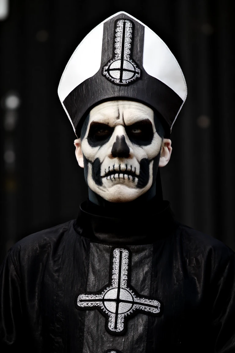 PapaSecondo, portrait, ornamental black robe,  skull face paint. upper Lip is black and the lower white. His left eye is white and the right eye is dark green. white big mitre with a symbol that represents a inverted cross that should be a G, vibrant