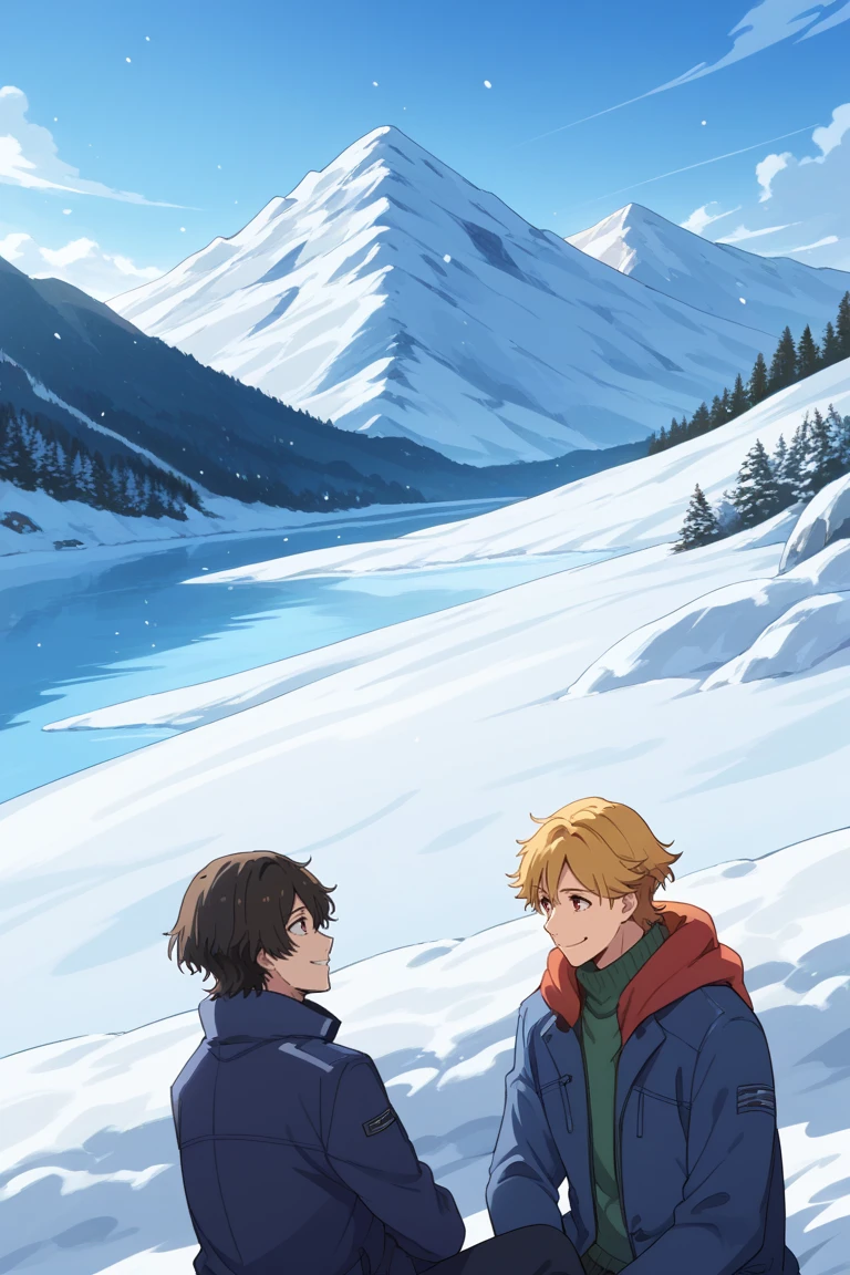 score_9, score_8_up, score_7_up, source_anime, rating_questionable, day, natural lighting, snowing, snow, winter theme, gay couple focus, winter clothes, sitting, looking away, smiling, ReiBD, black_Rei_messy hair, blue_Rei_2ndmale eyes, closed mouth, 2ndboy, KazukiBD, yellowish brown_Kazuki_1stmale hair, red_Kazuki_1stmale eyes, teeth, 1stboy, blurry outdoors snow, glacier, mountain, horizon, scenery, straight-on, from below, dutch angle, intricately detailed illustration, atmospheric perspective, depth of field