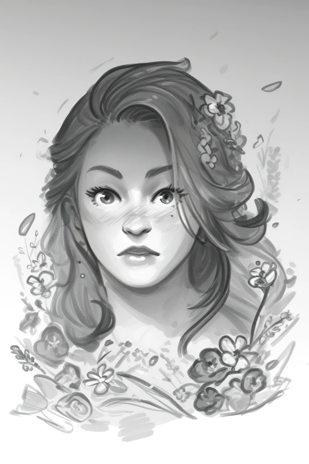 score_9, score_8_up, score_7_up, masterpiece, high quality, BREAK
 <lora:Calamari CakesStylePonyLyco:1> monochrome, greyscale, solo, drawing, sketch, silent comic, simple background
a woman, portrait, long hair, face zoom, framed by flowers