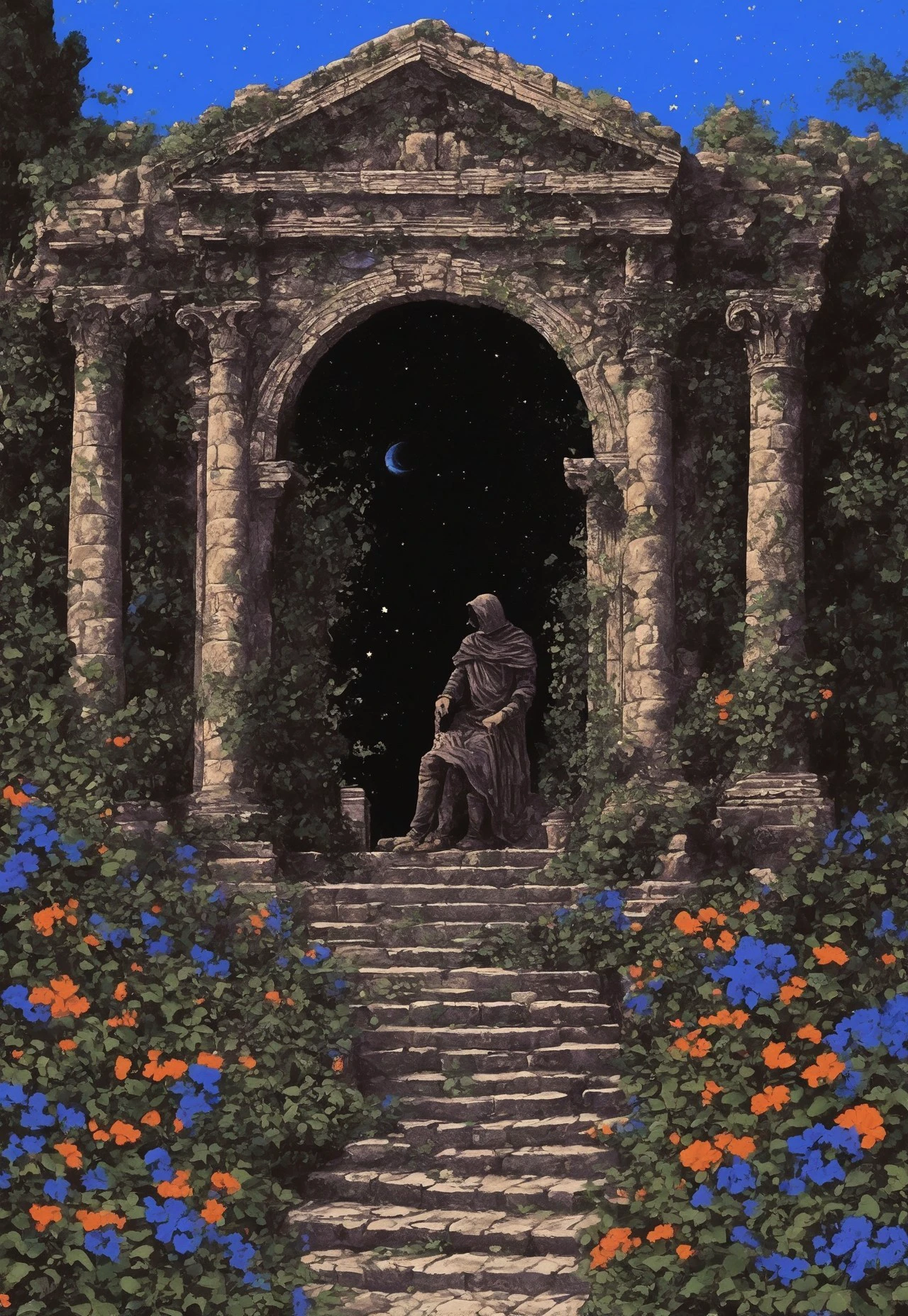 an knight rests against the entrance of an magical greek temple style castle. The knight have a epic fantasy clothe his posture slouched as he sits on the enter stairs surrounded by blooming (((vibrant blue))) flowers. The surrounding vibrant landscape contrasts with the darker interior of the archway, suggesting mystery within. the sky is black full of stars.The style is detailed, with an underlying somber tone, typical of a dark fantasy world.close view.