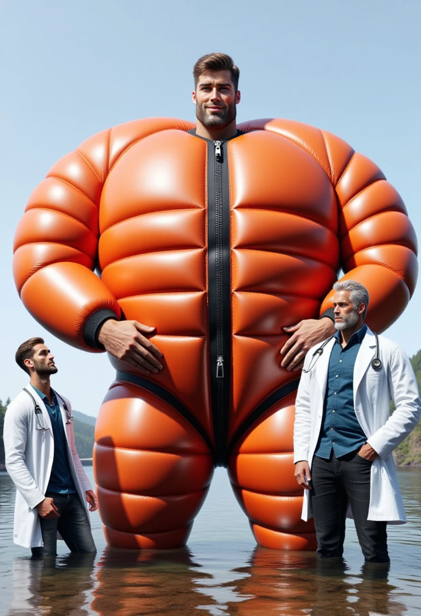 @blmp1is a cgi-rendered photograph featuring two men standing in shallow water. the giant figure, on the left, is a gigachad wearing an enormous balloon like tiled orange high-tech diving suit with a zipper running down the front. the suit is made of a shiny, rubber-like material with a textured surface.
he stands confidently, with his hands on his hips, looking directly at the camera. his face is visible, showing a slight smile, and his hair is neatly styled. he has a chiselled jawline and a strong, athletic build. on the right, a slightly older proud man with greying hair and a more casual appearance stands next to him. he is wearing a white lab coat over a blue shirt and dark pants, with a stethoscope around his neck. he has a serious expression and appears to be observing the larger figure with curiosity.
the background shows a calm lake with a distant forested shoreline and a clear blue sky. the water is reflective, creating a mirror-like effect on the surface. the overall scene is set in a serene, natural environment, with a hint of mystery due to the unusual attire and the juxtaposition of the two figures.
<lora:Gigachad:0.6><lora:blimper.v0.@blmp1.char.flux1d_000002280:1>