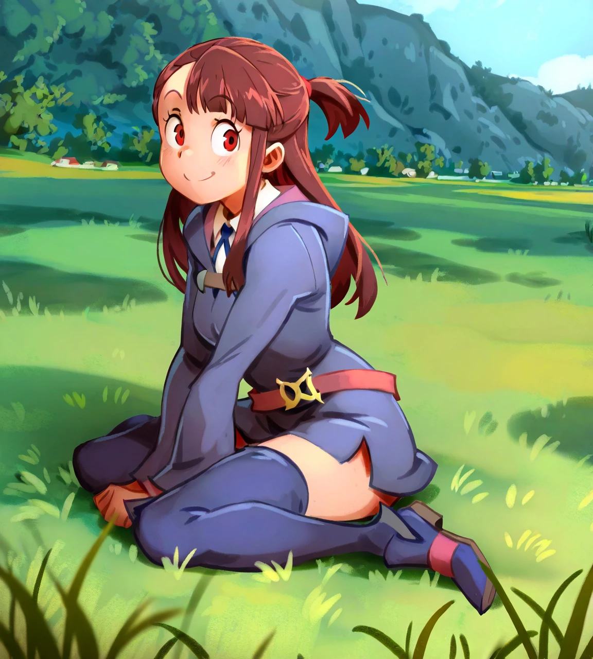 Anime girl sitting on the ground in a field with a mountain in the ...